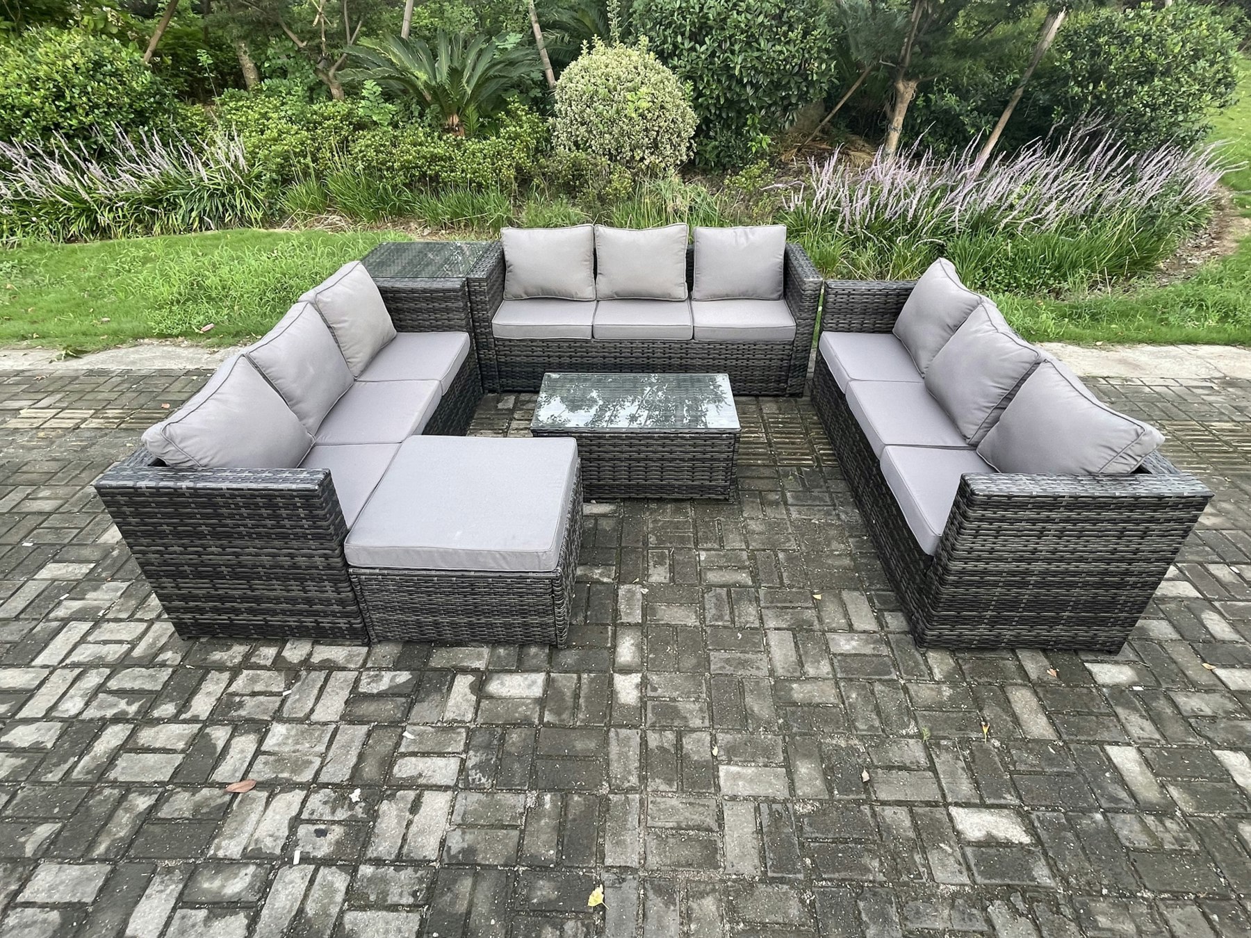 Rackhams 10 Seater Outdoor Lounge Sofa Set Wicker PE Rattan Garden Furniture Set with Oblong Coffee Table Side Table Big Footstool Dark Grey Mixed