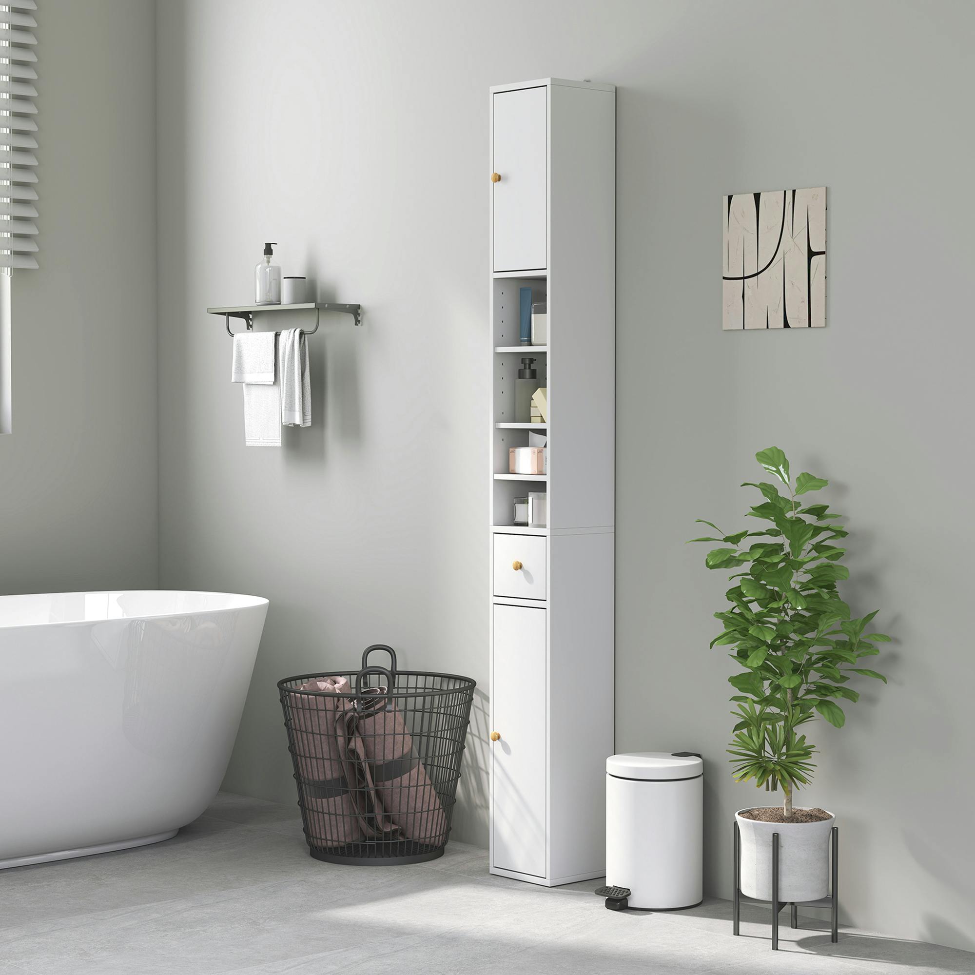 Rackhams White Tall Bathroom Cabinet With Drawer And Adjustable Shelves,