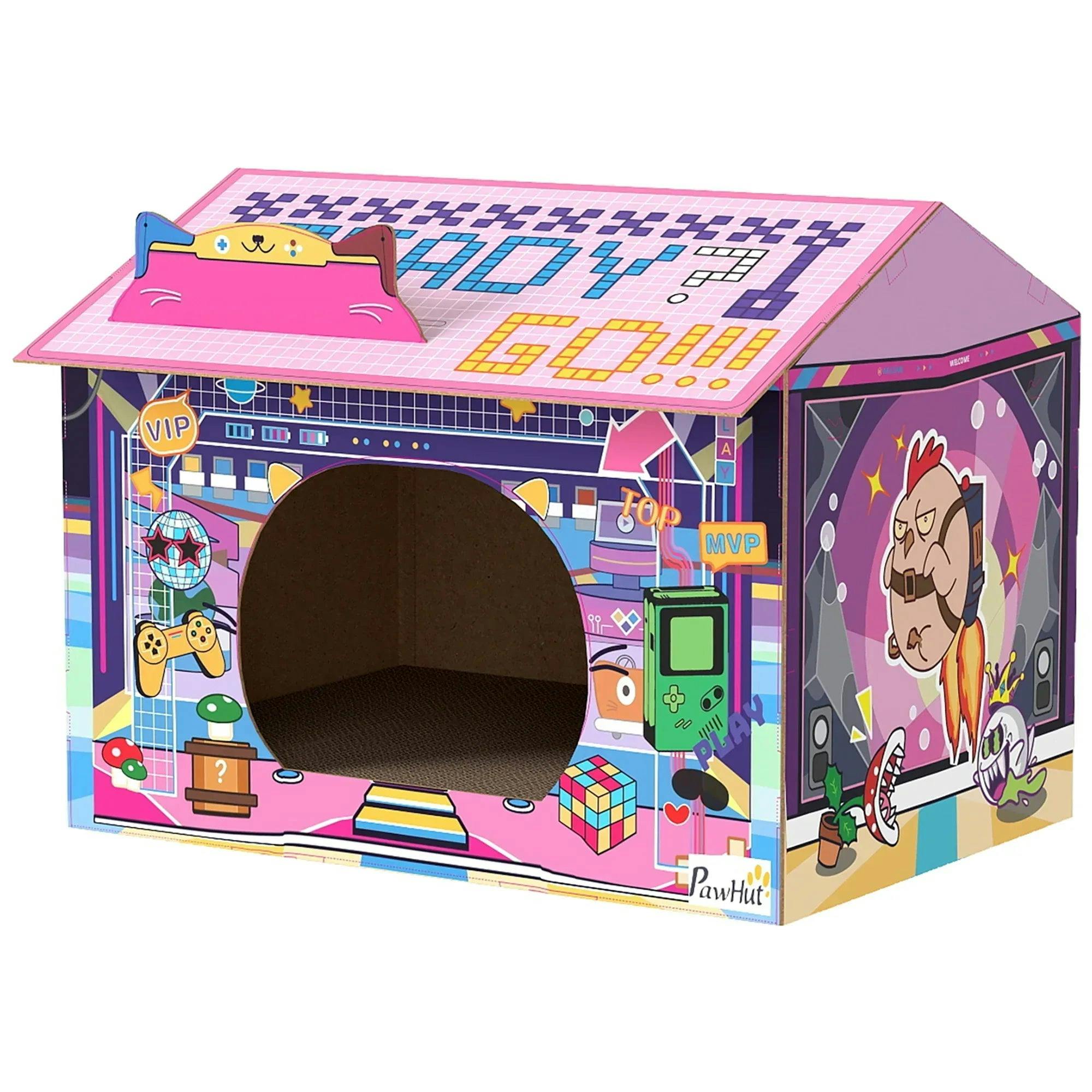 PAWHUT Cardboard Cat House with Scratching Board & Catnip, Gaming Style in Pink - Image 5