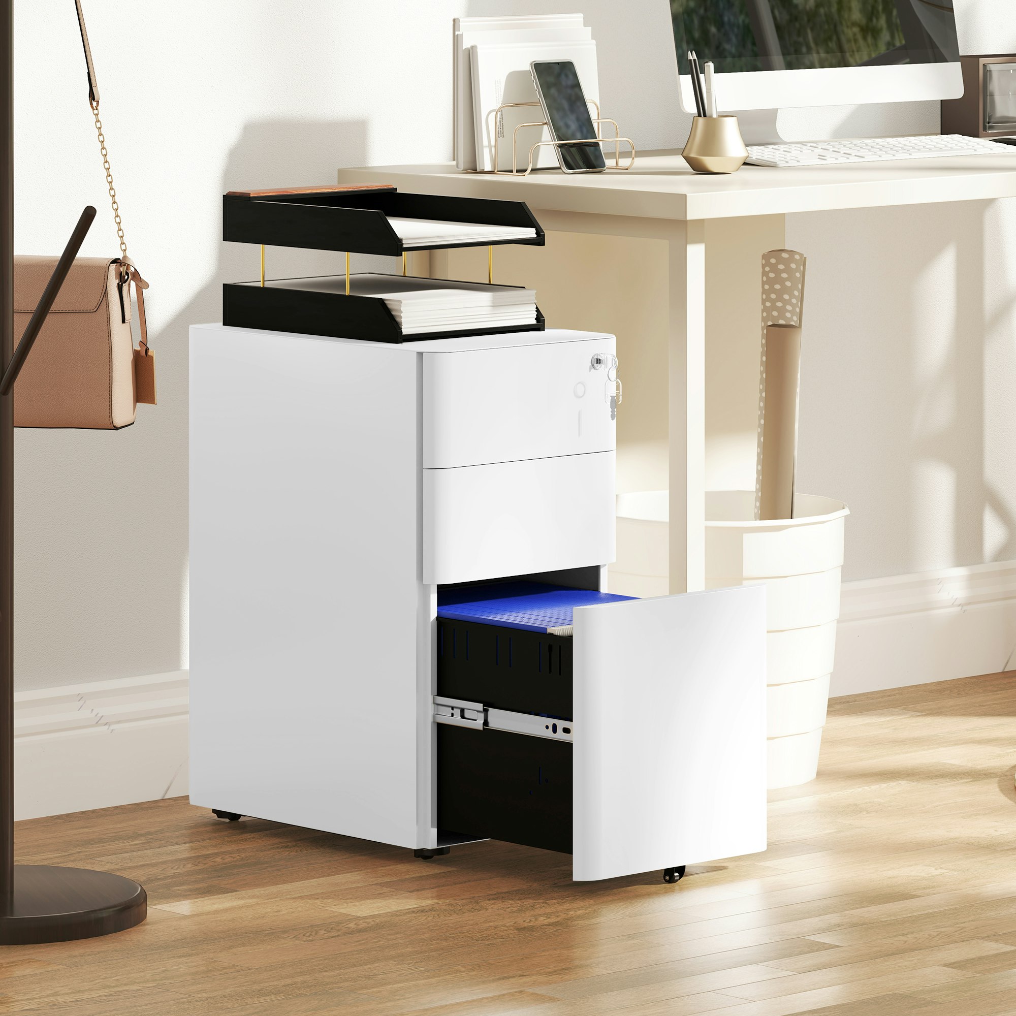 Rackhams White "Three Drawers And A Detachable Pencil Tray","Adjustable Rail In Large Drawer For Three Sizes","Top Lock Secures All Drawers With Two Keys"
