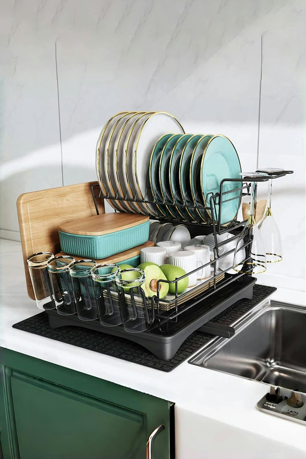 Rackhams Black 2-Tier Detachable Dish Drainer Rack Multifunctional Drainage Rack With Cup Holder And Kitchen Utensil Holder - One Size
