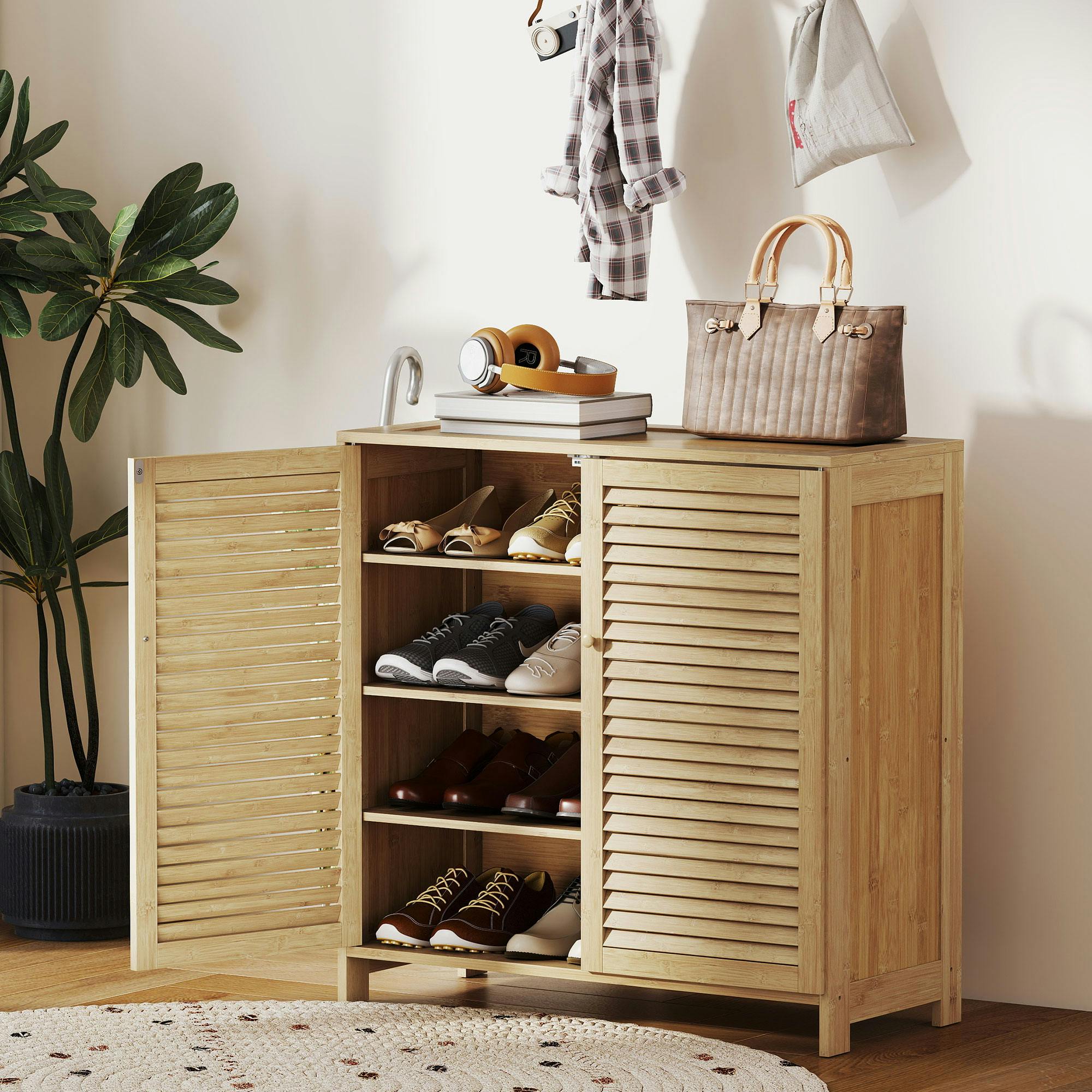 Rackhams Bamboo Shoe Cabinet With Louvered Doors Shoe Storage Cabinet