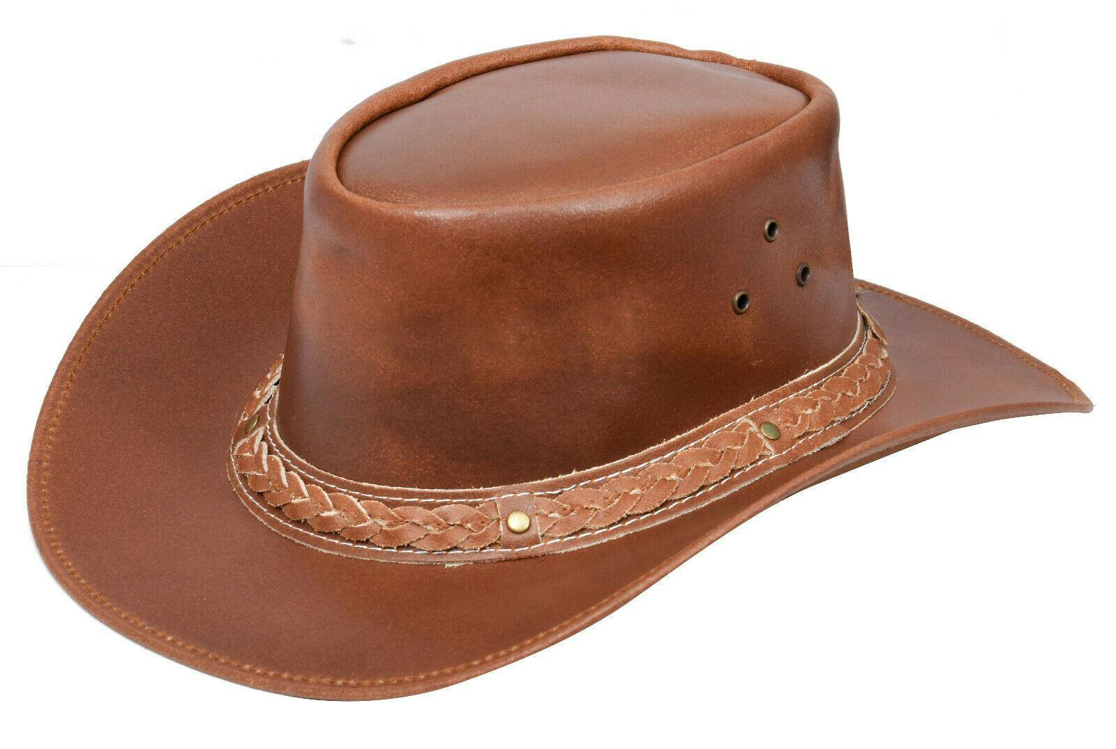 Infinity Leather Grain/Black/Brown Cowboy Outback Real Leather Aussie Bush Hat - Tan - Xl