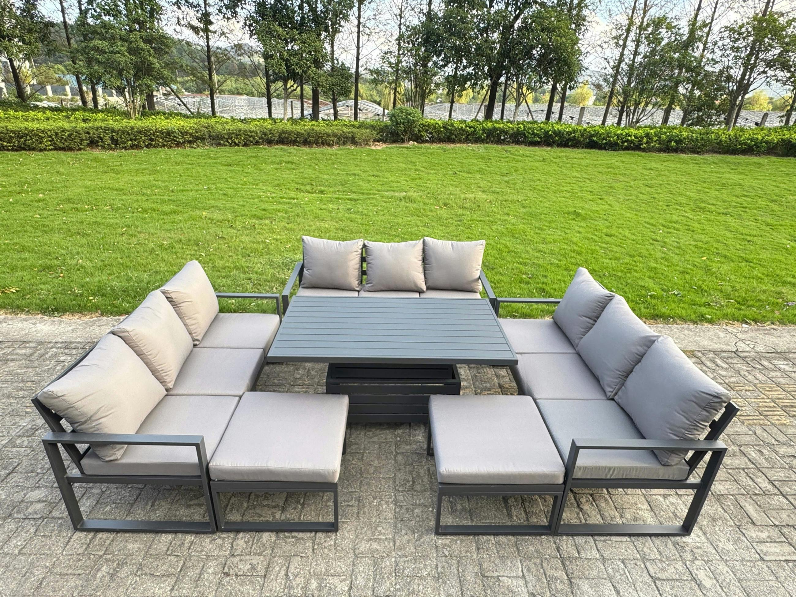 Fimous Dark/Grey 11 Seater Aluminium Outdoor Patio Furniture Set With Adjustable Rising Dining Table, Footstool