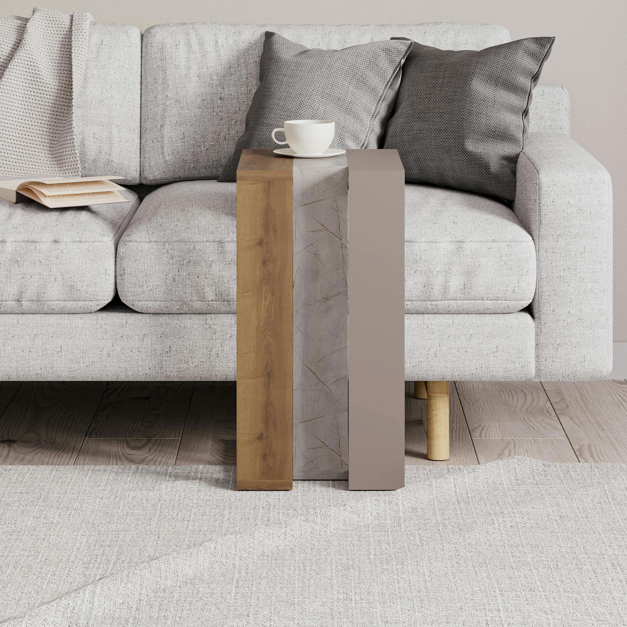 Decortie Gold/Grey/Dark Muju Modern C Shape Table Oak Effect Marble Effect Mocha Multipurpose H 57Cm - Oak- Marble Effect-Mocha