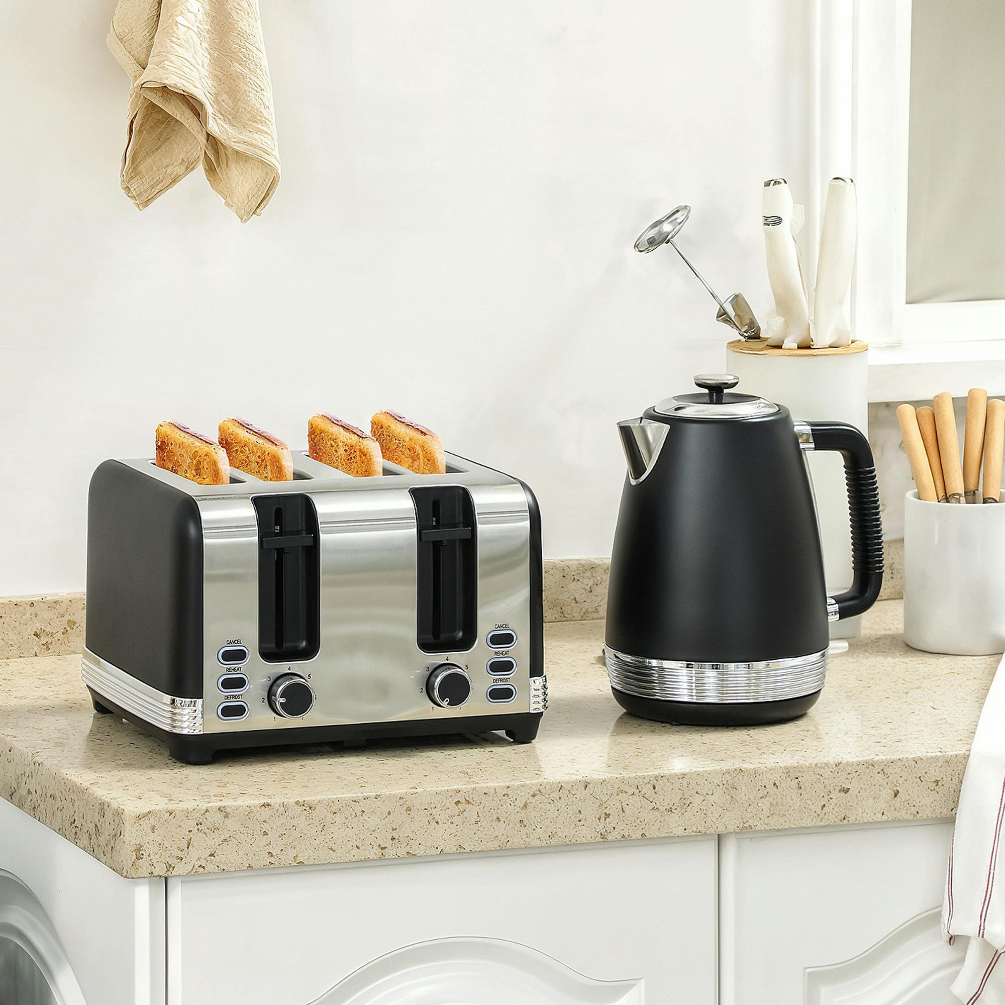 Homcom Black 1.7L 3000W Quick Boil Kettle And 4 Slice Toaster Set Crumb Tray