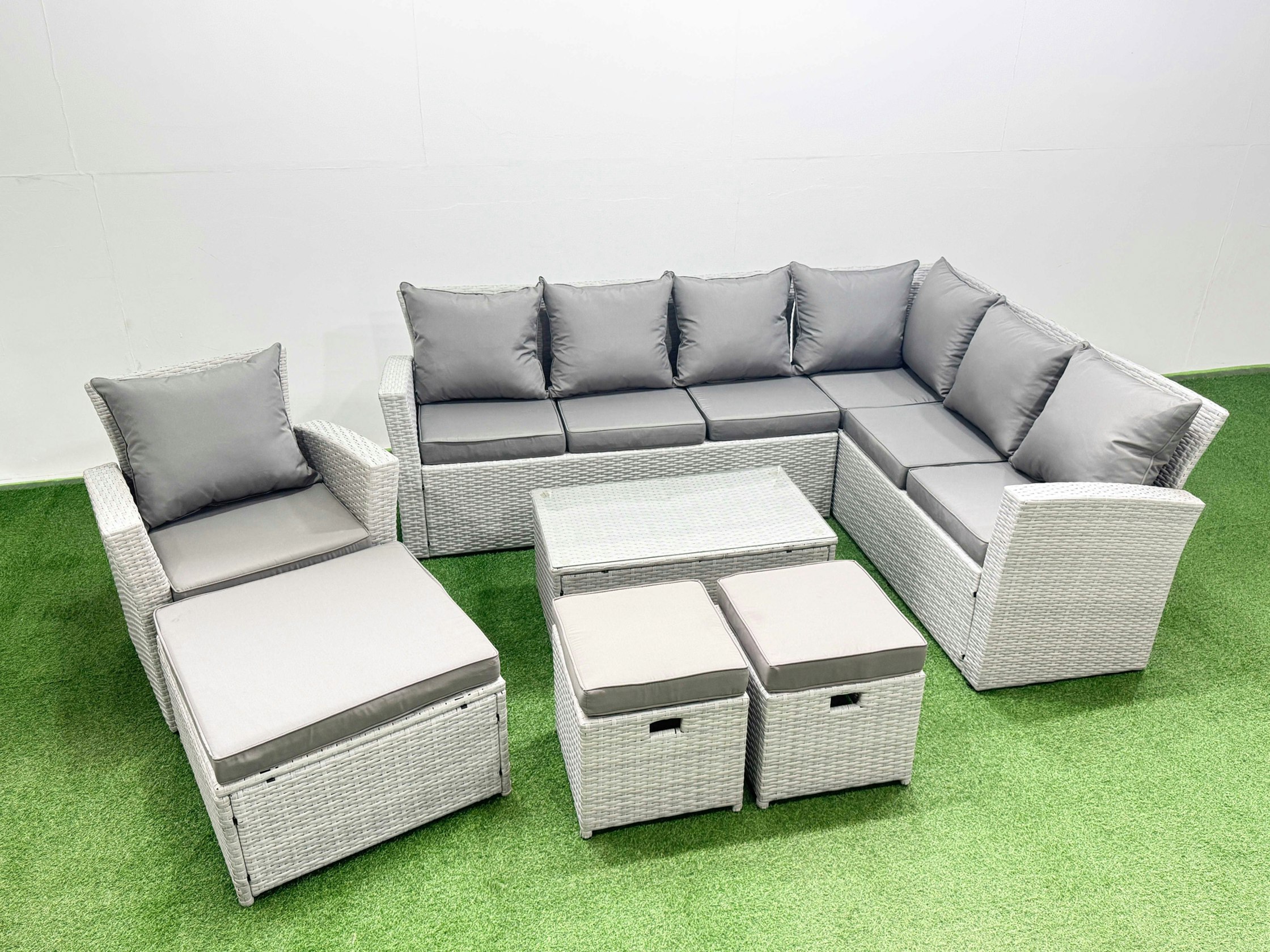 Rackhams Light/Grey Garden Outdoor Pe Rattan Furniture Set 10 Seater Rattan Garden Sofa Set With 3 Footstools Mixed