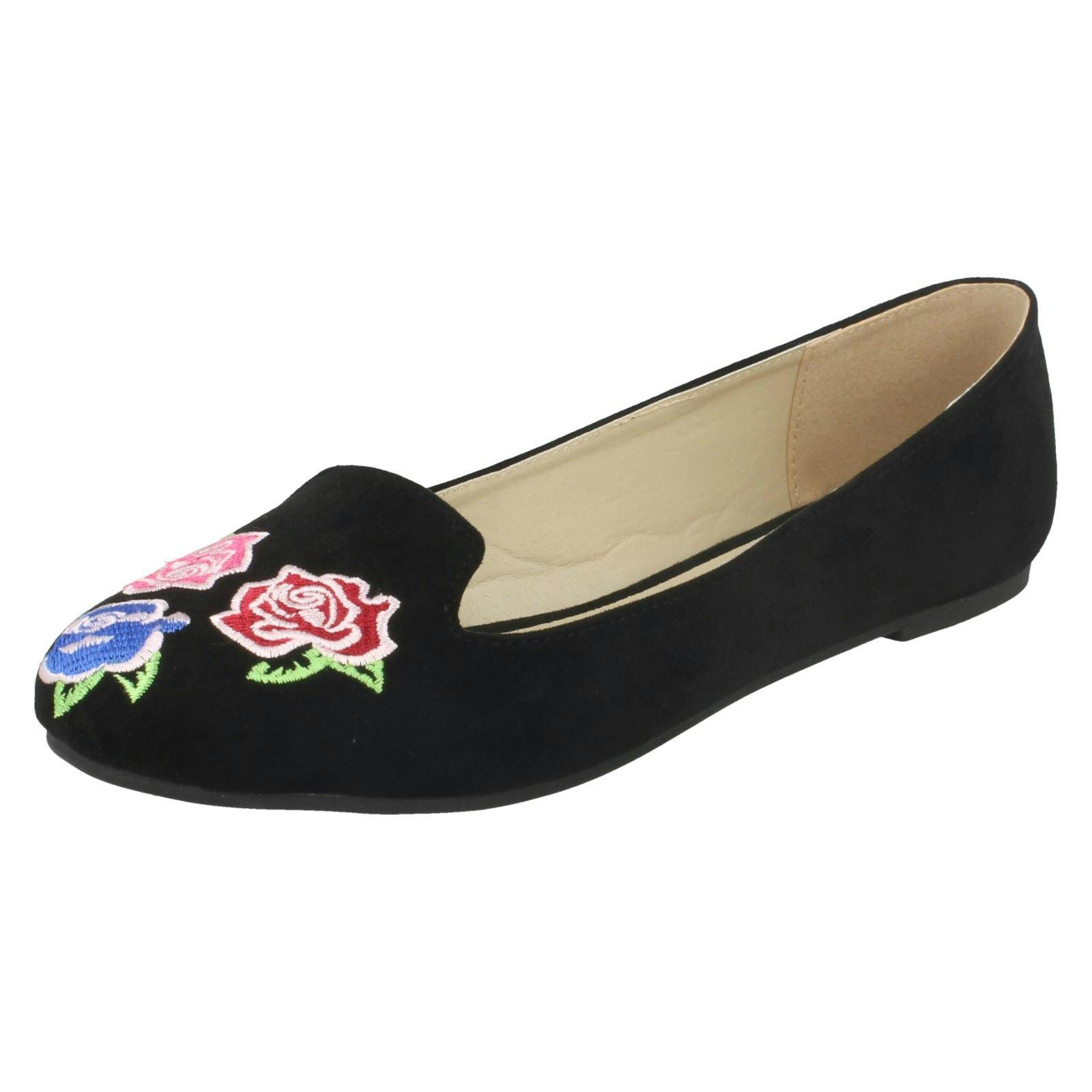 Spot On Women's Black Embroidered Flower Vamp Ballerinas - Uk 5