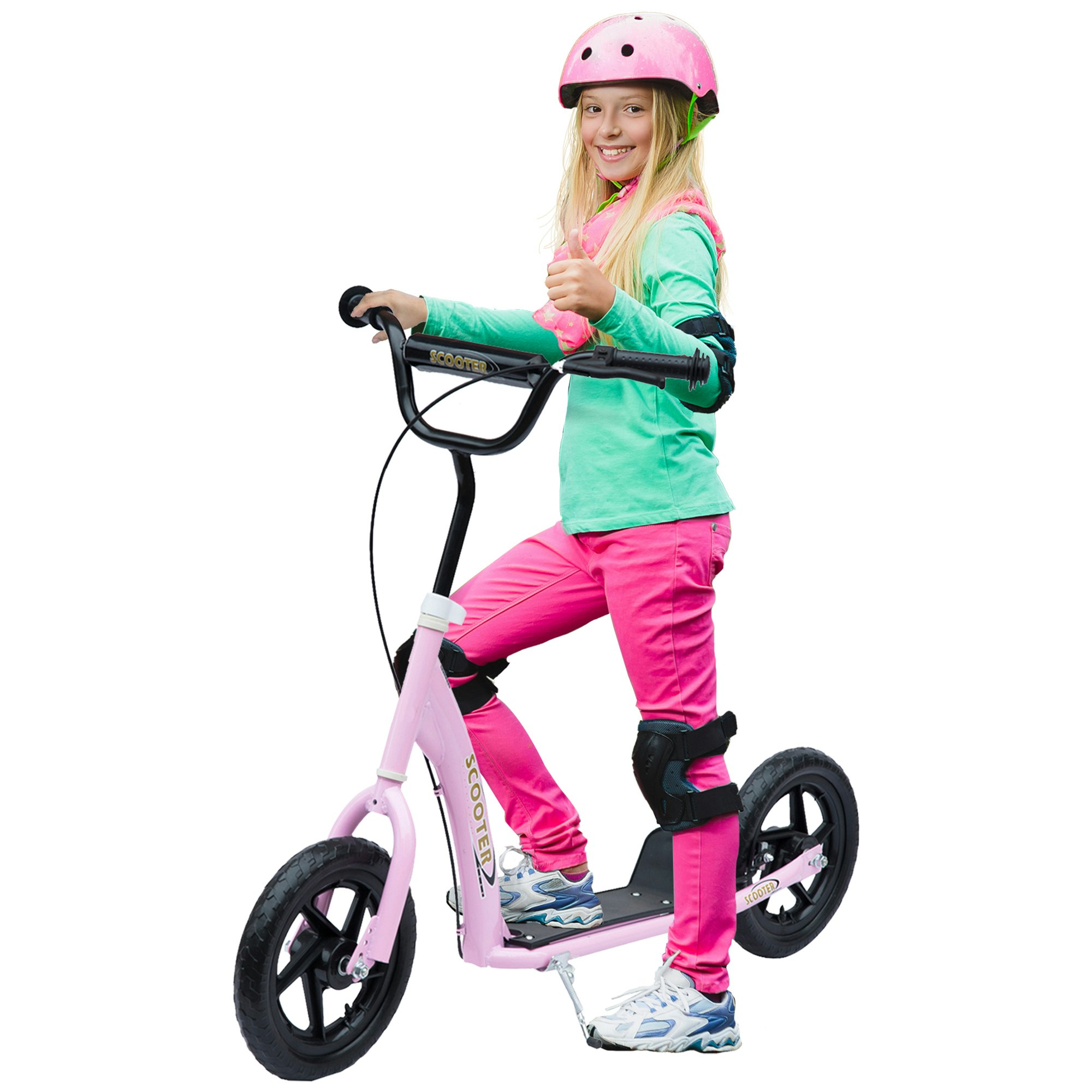 Homcom Pink Kids Scooter Kick Scooter With 12" Eva Tyres, Rear Brake, Big Wheels Scooter For 5-12 Years Old - Bicycle Scooter Size 12