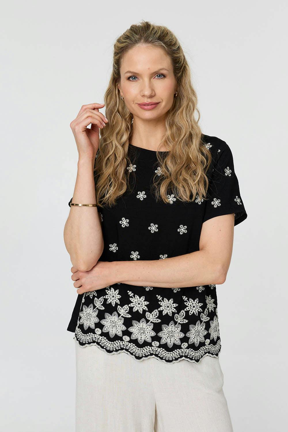 Izabel London Black Floral Embroidered Short Sleeve Top - 18