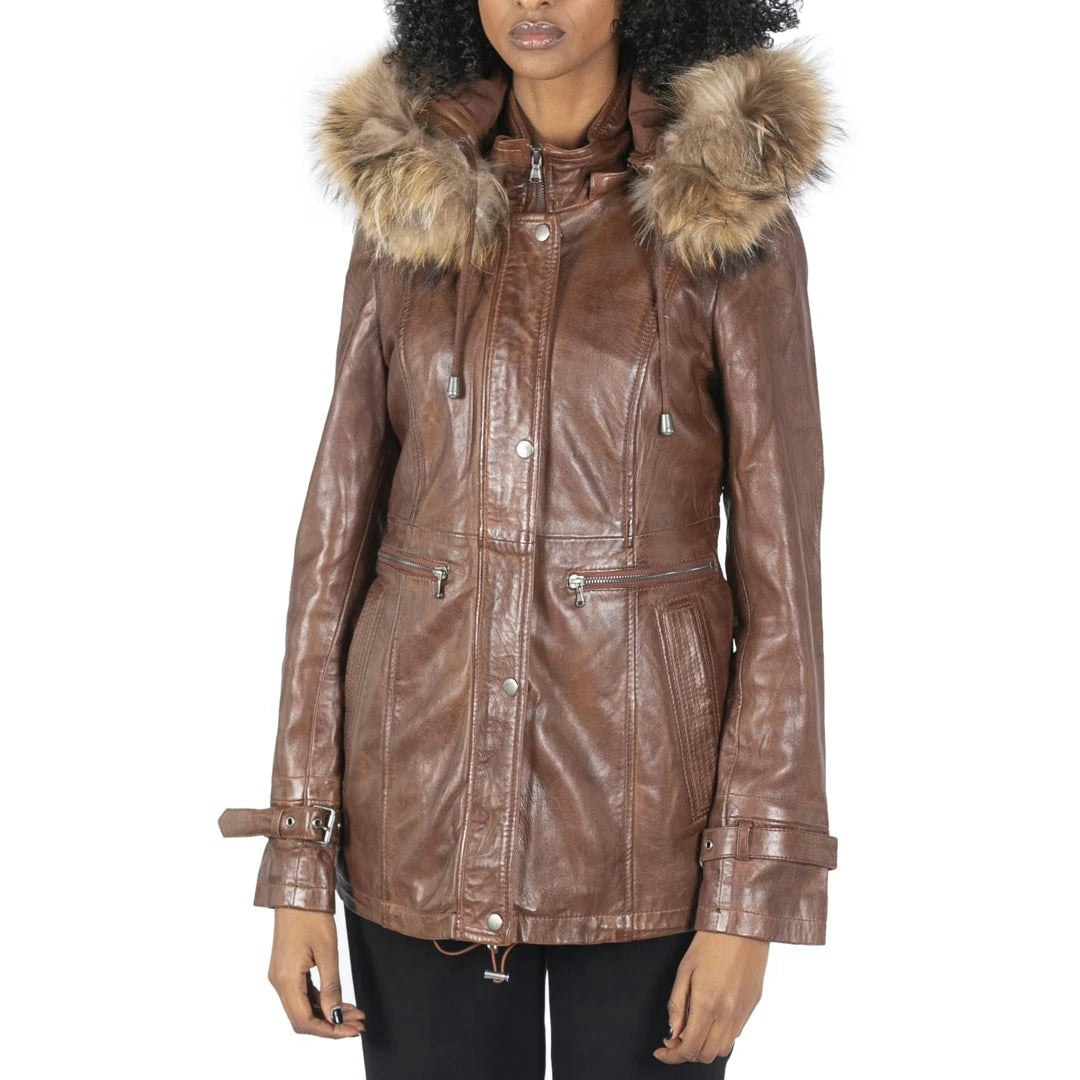 Infinity Leather Women's Leather Parka Coat 3/4 Removable Hood Fur Button Cover Zipped - Timber - Uk 20
