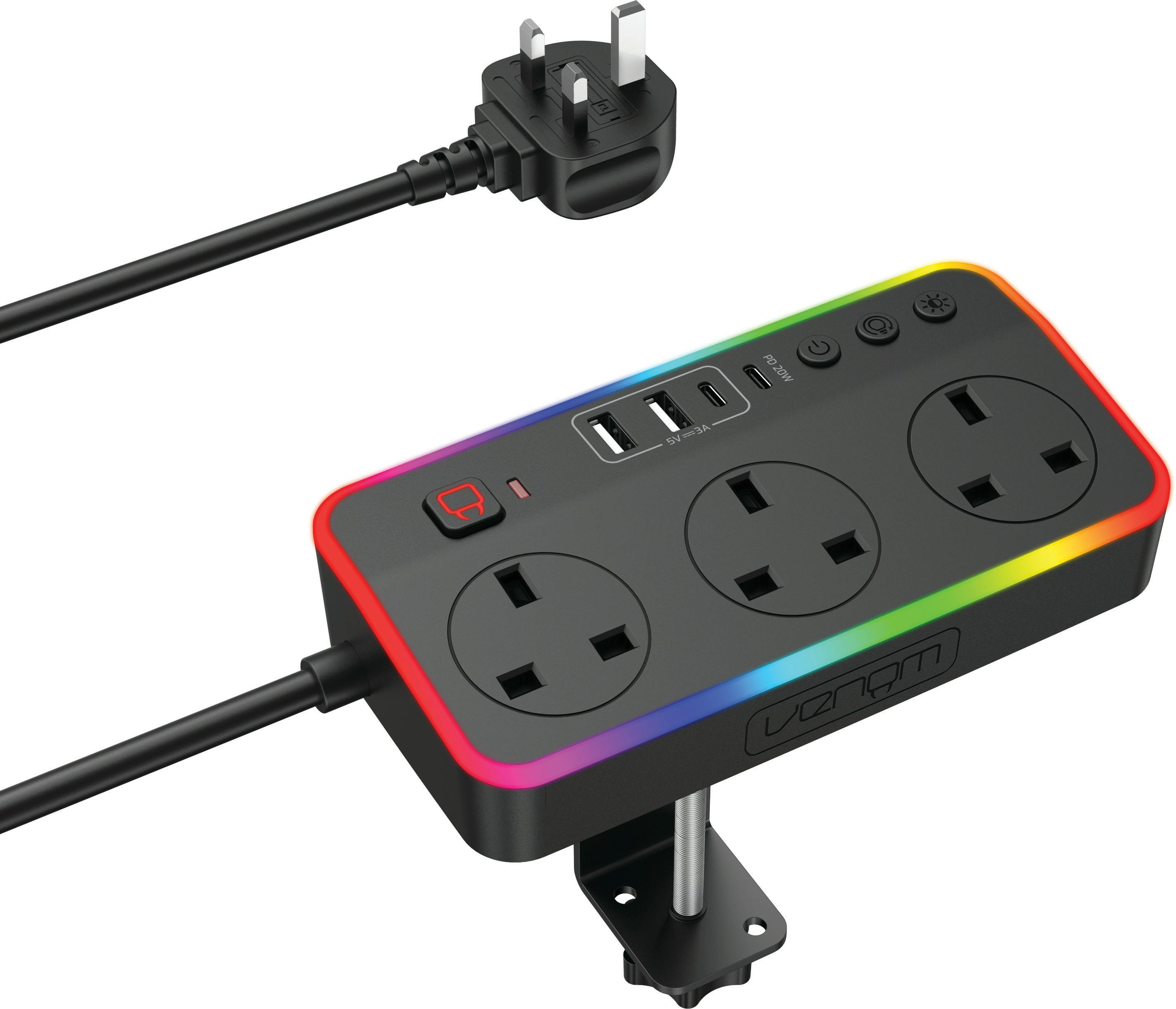 Venom Gaming Desk Led Power Hub Extension Dock. 2Mtr Cable With 120Mm Desk Clamp