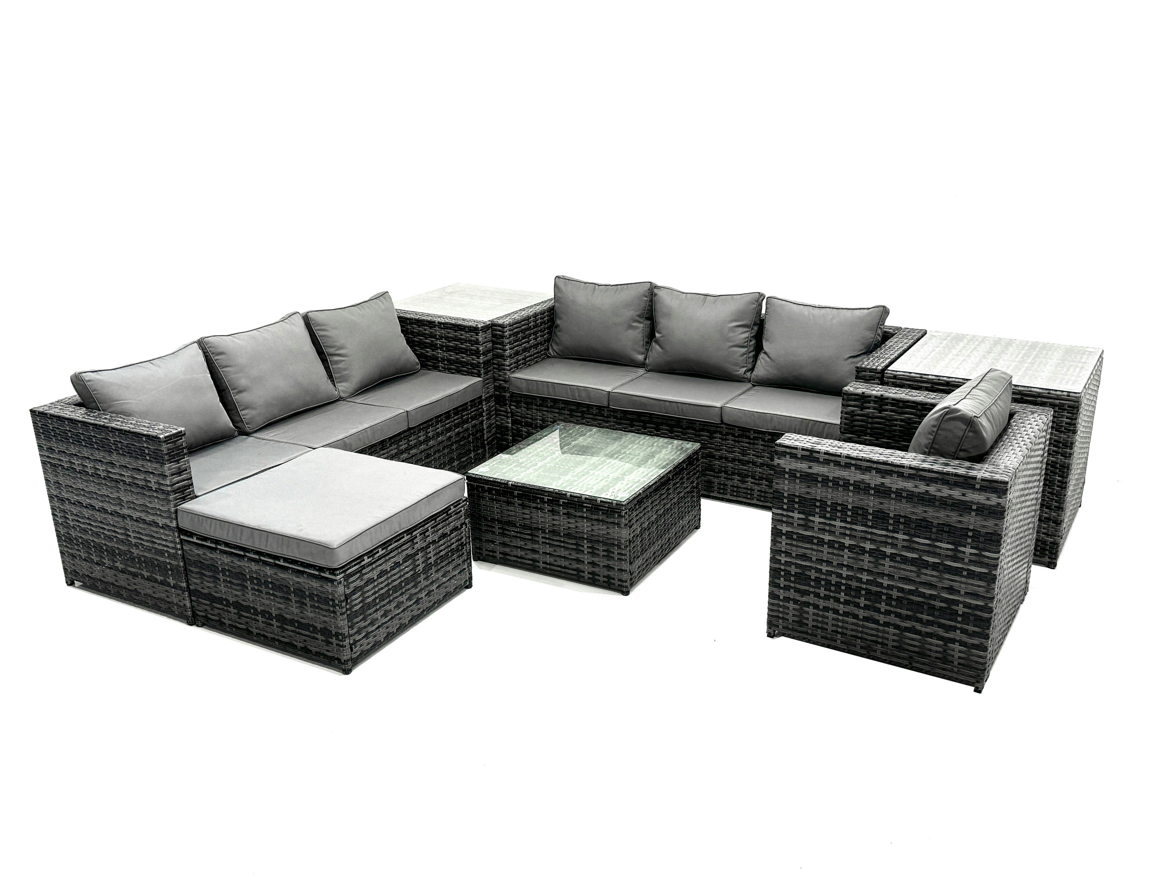 Rackhams Dark/Grey Rattan Garden Furniture Dining Set 8 Seater Patio Coffee Table Sofa Set With 2 Side Tables Big Stool Mixed