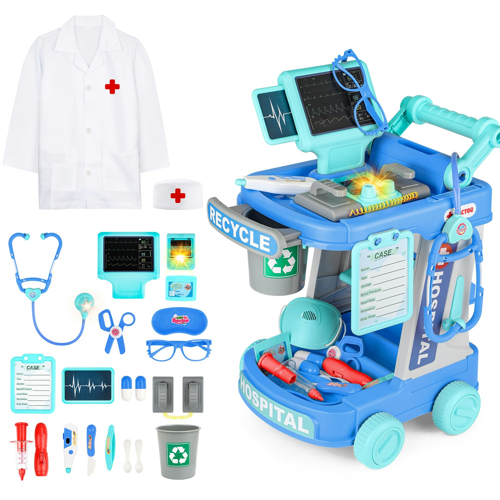 Deao Toys Doctor Kit For Kids, 20 Pcs Educational Pretend Medical Station Set, Portable Pretend Role Play Set