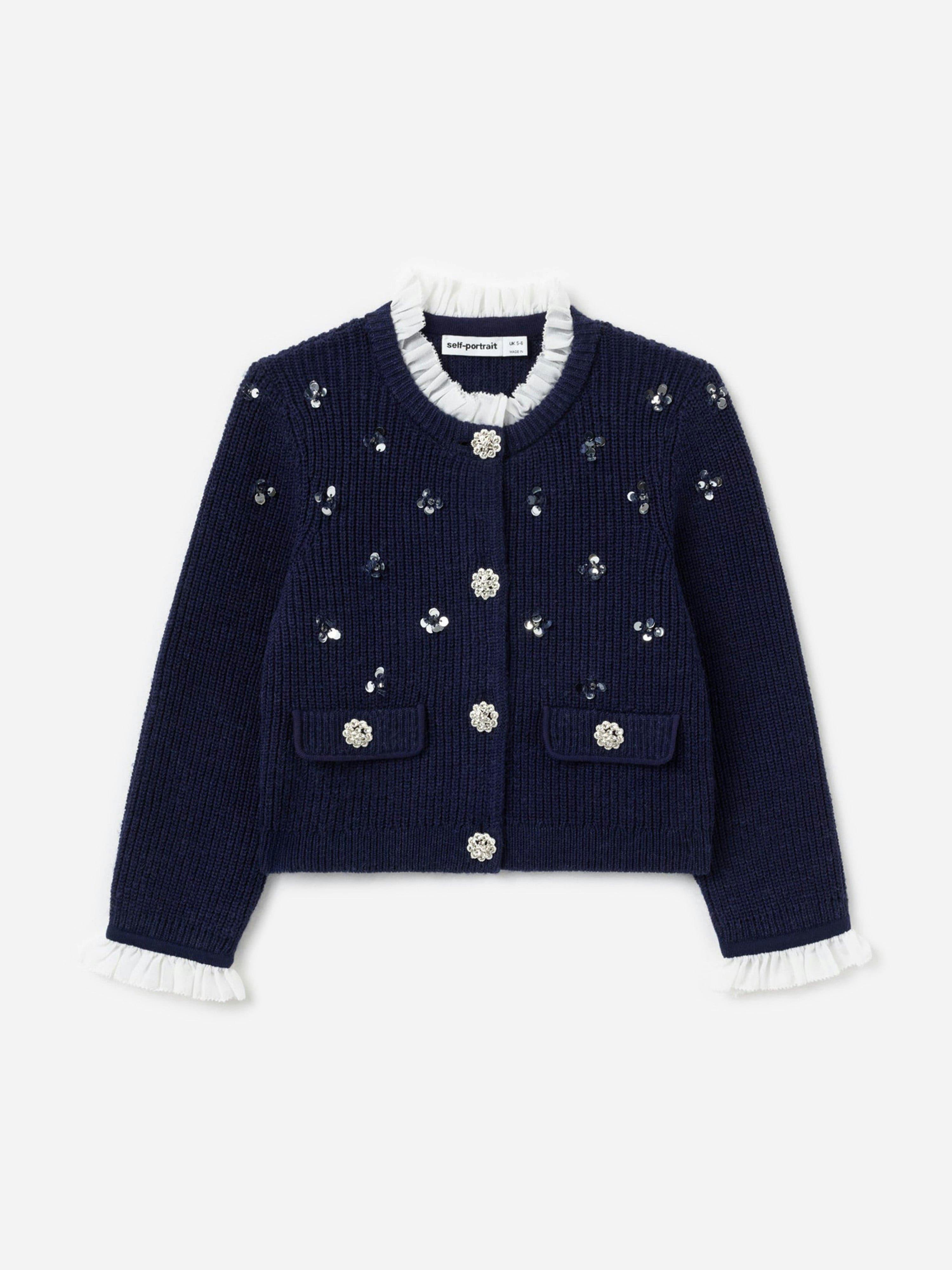 Self Portrait Girls White Embellished Cardigan In Navy - Navy - 5 - 6 Years