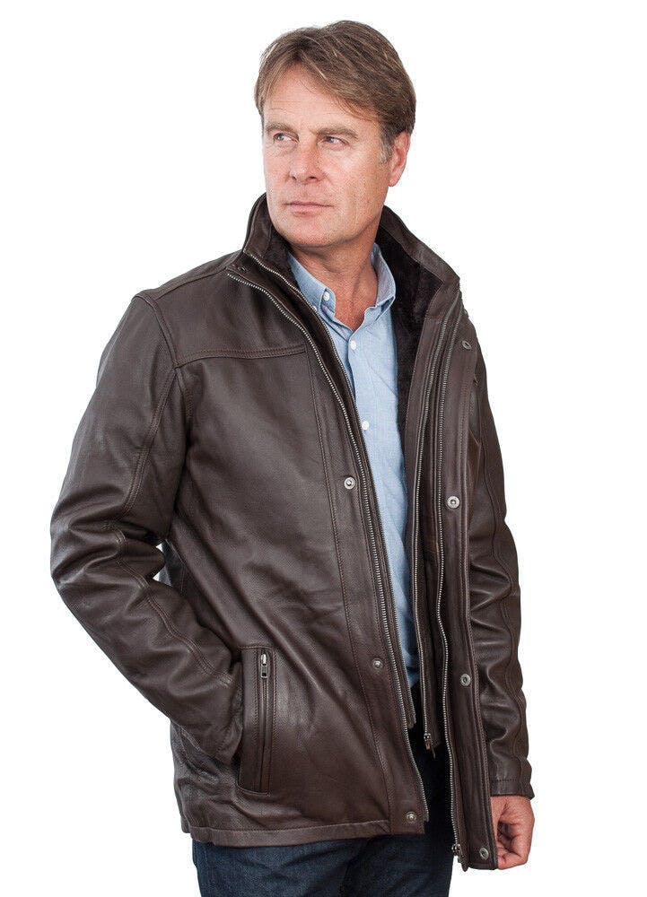 Infinity Leather Men's Brown Warm Mid-Length Leather Biker Jacket - Uk 4XL | Eu 58 | Us 48