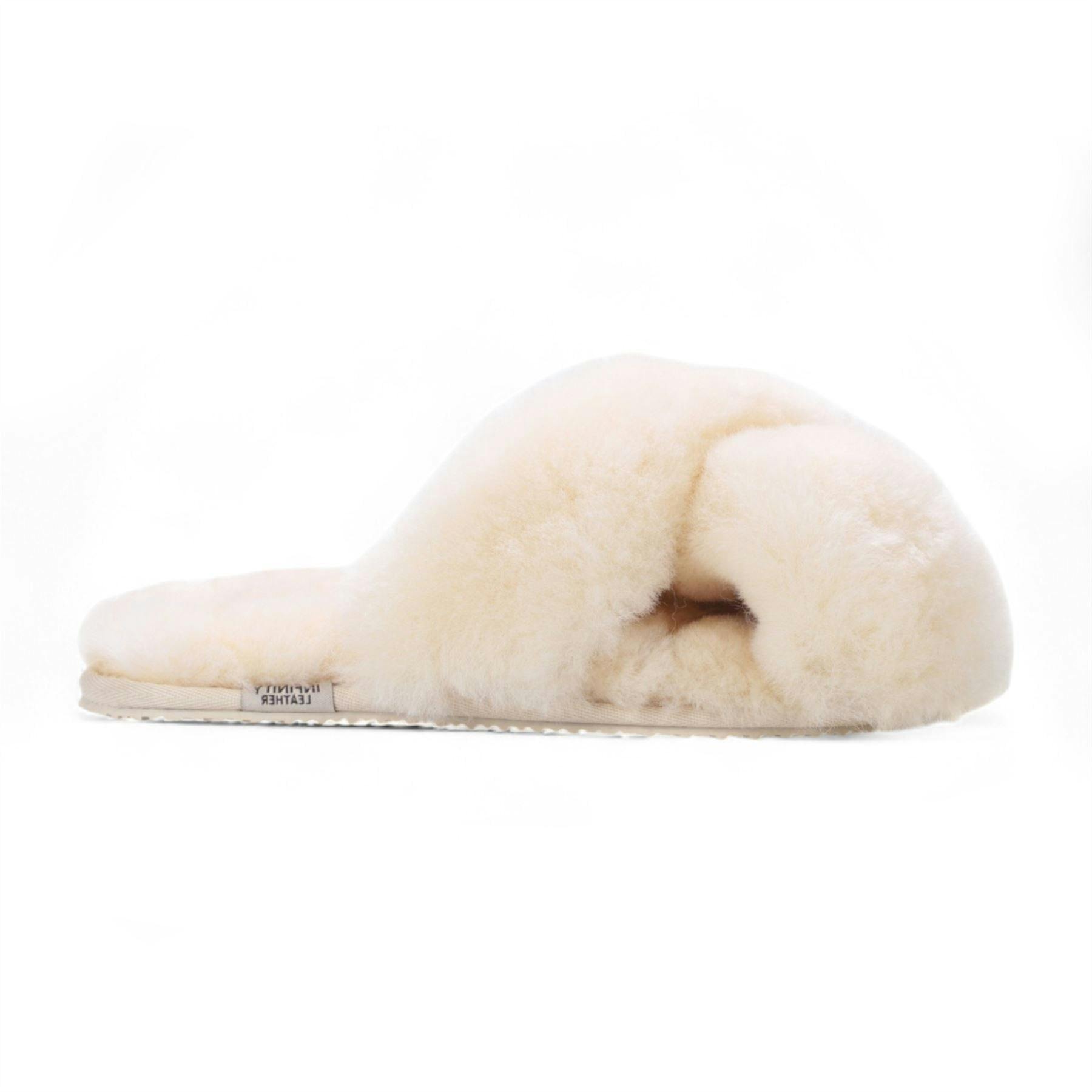 Infinity Leather Women's Beige Sheepskin Slippers Warm Winter Fur Crossover - Snowbelle - Uk 7 | Eu 40 | Us 9