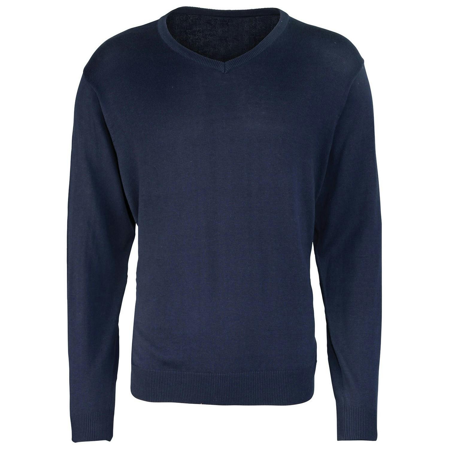Premier Mens Knitted Cotton Acrylic V Neck Sweatshirt (Navy) - Size Small - Image 3