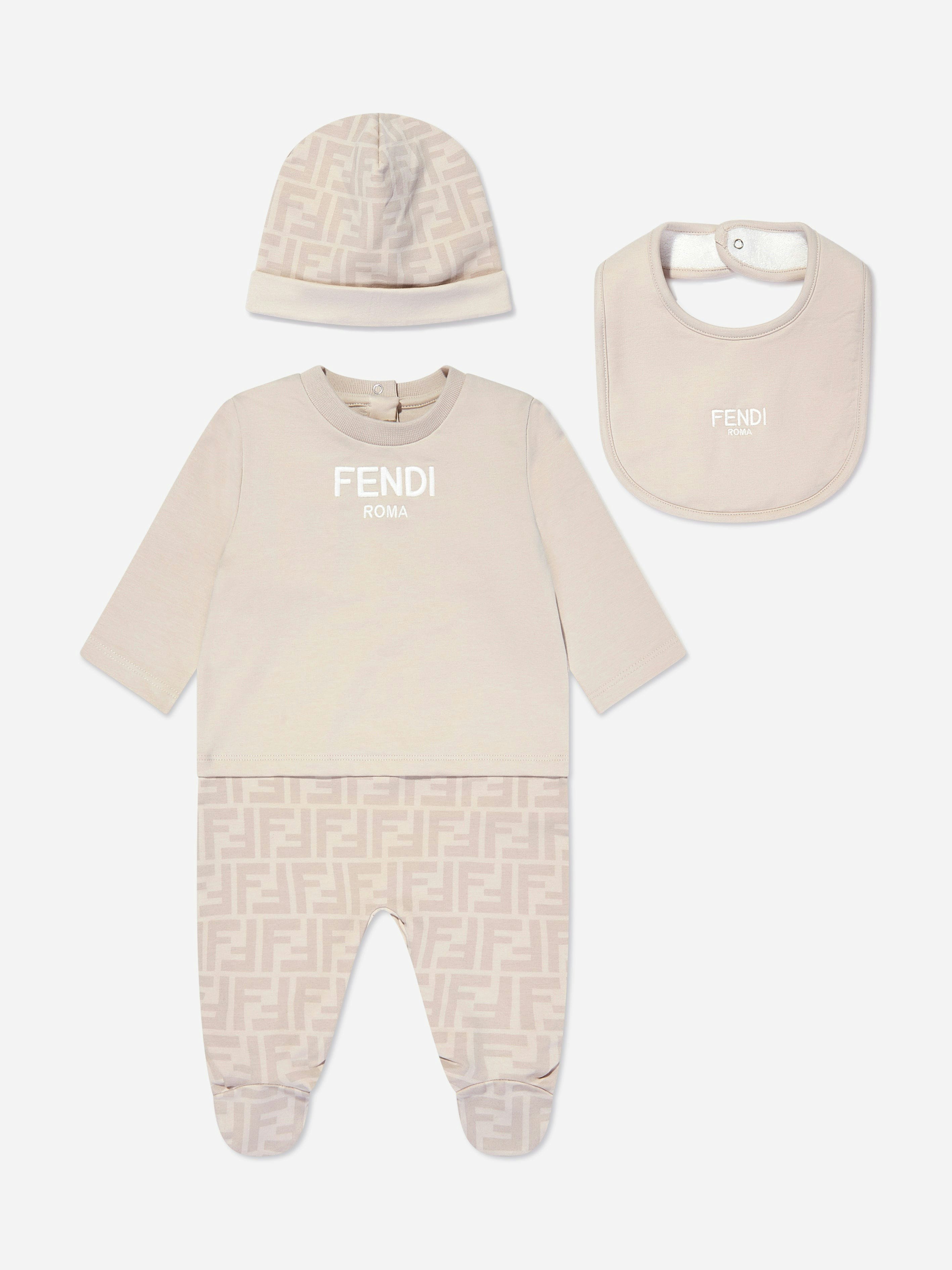 Fendi Kids Unisex Kids Beige Fendi Baby 3 Piece Babygrow Gift Set In - 1 Mth