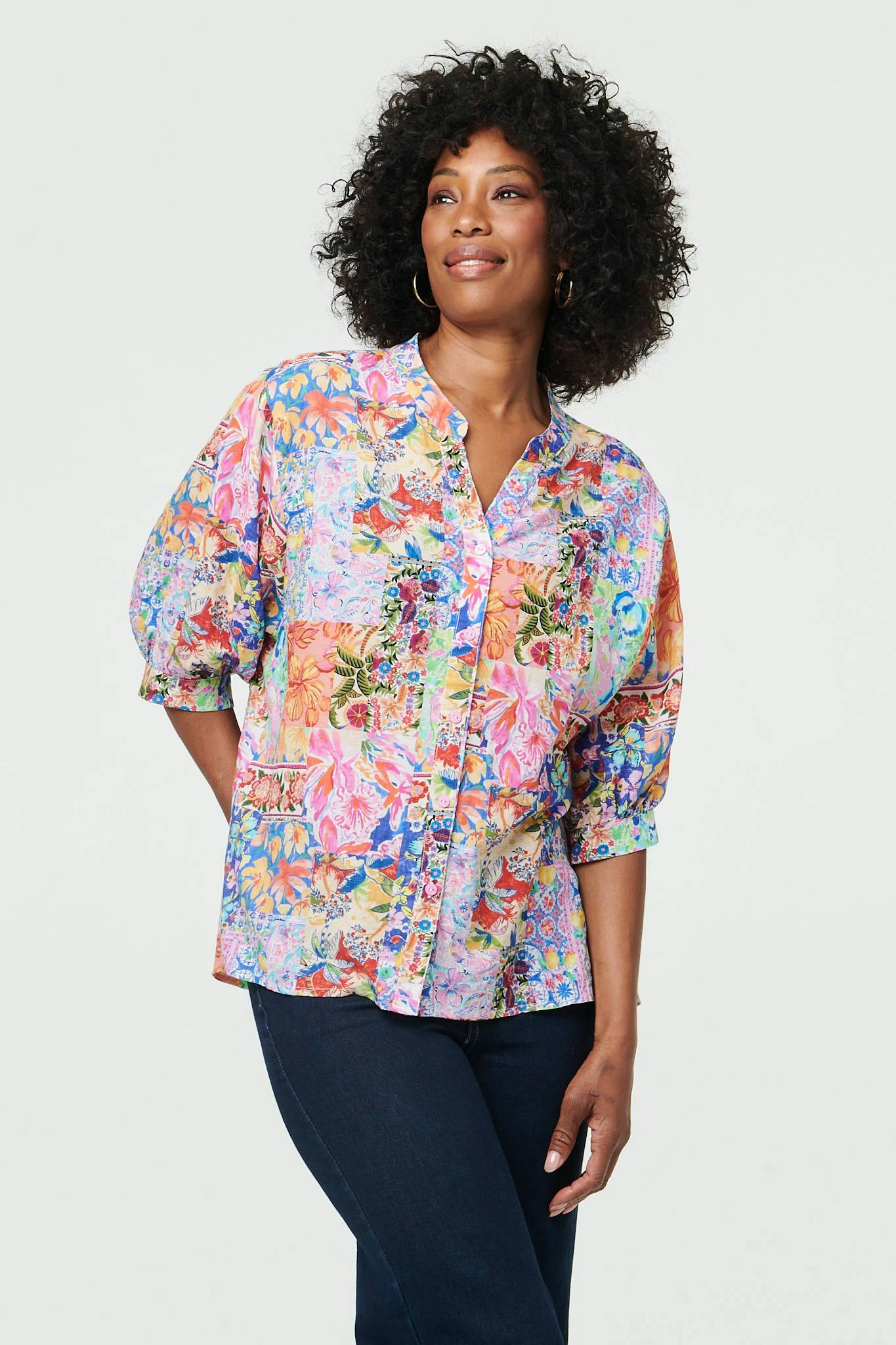 Izabel London Blue Abstract 3/4 Buttons Curve Hem Blouse - 16