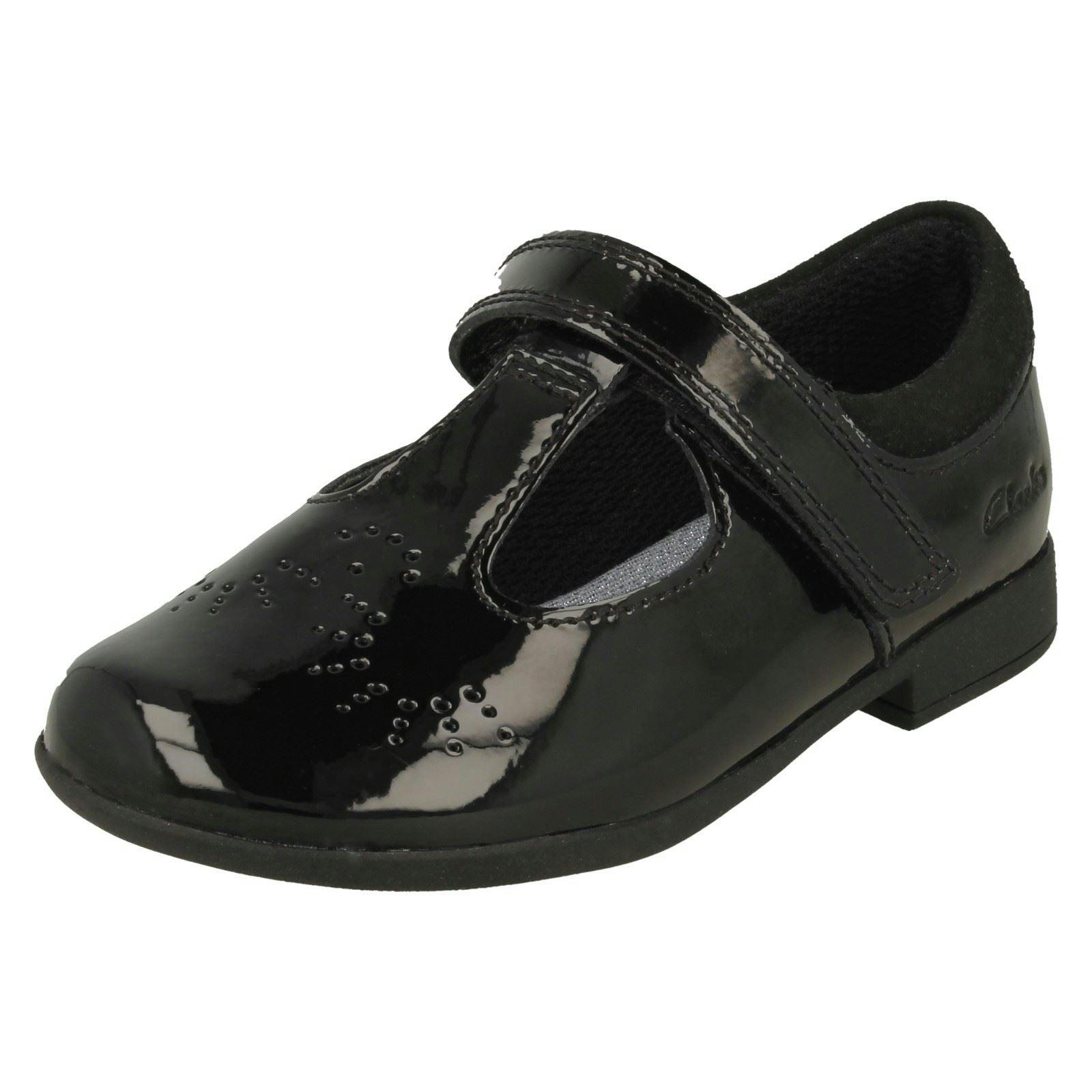 Clarks Girls Black Laser Detailed T-Bar Shoes Scala Spirit T - Patent - Uk 7 Infant - F