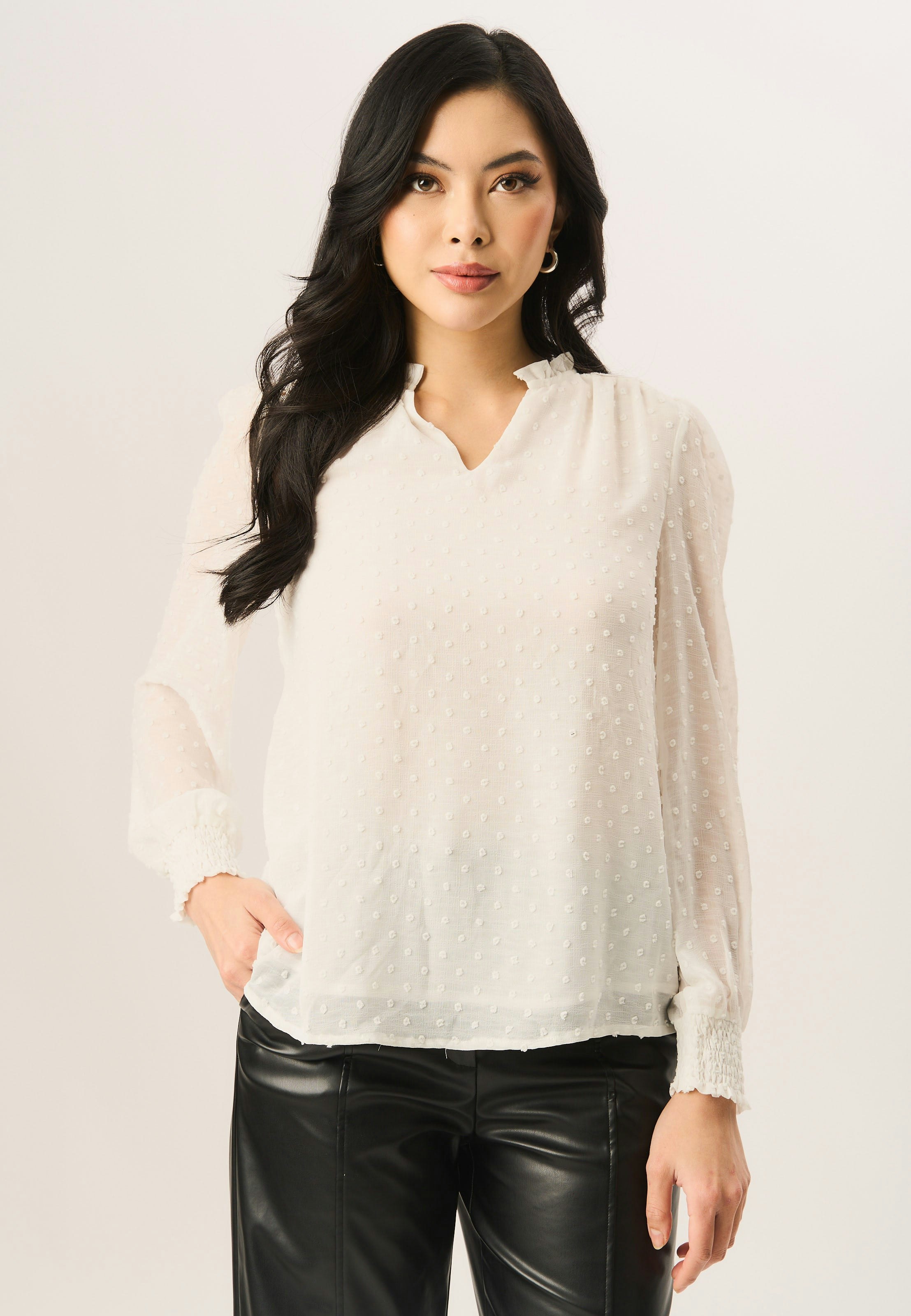 Gini London White Dobby Chiffon Frill Neck Blouse - Uk 14 / Us 10 / Eu 42