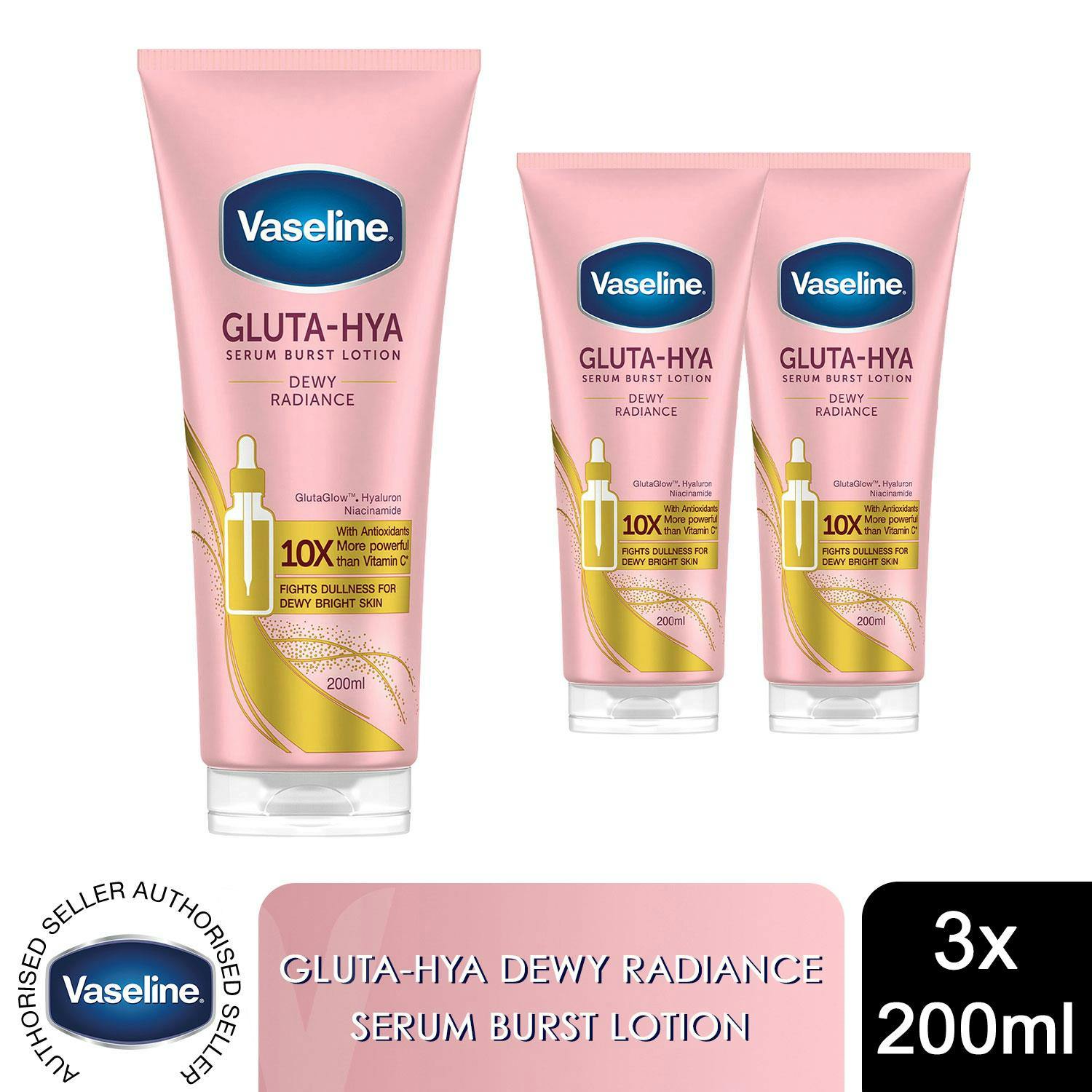 Vaseline Unisex White Body Lotion Gluta-Hya Dewy Radiance Serum Burst Skin Care 200Ml, 3 Pk In - Image 5