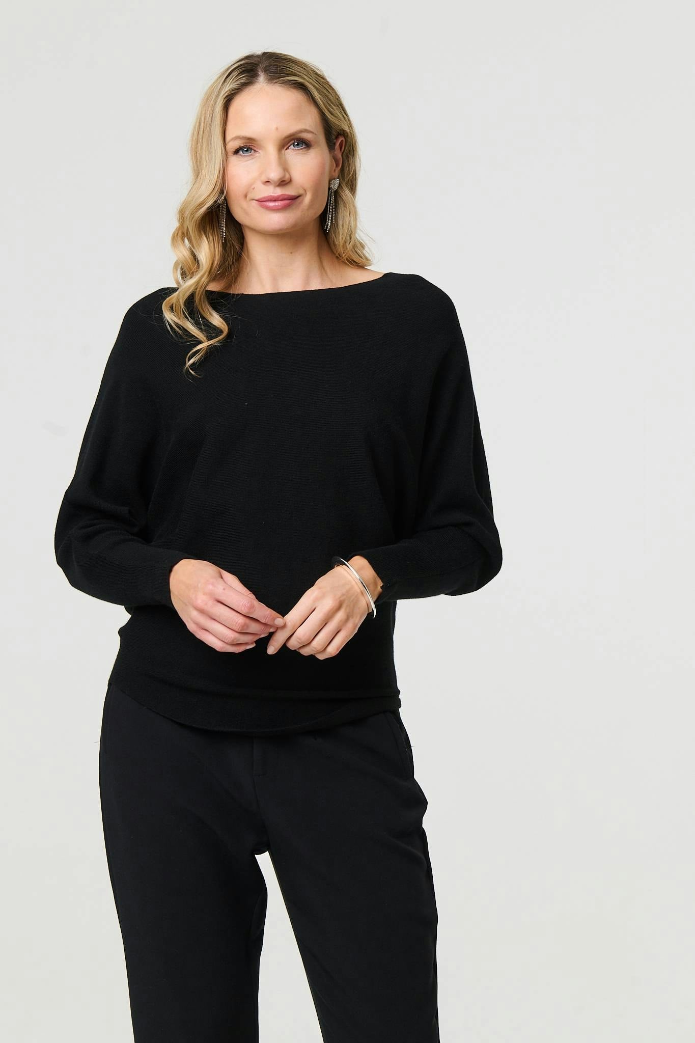 Izabel London Black Lace Trim V-Back Boat Neck Jumper Top - 14