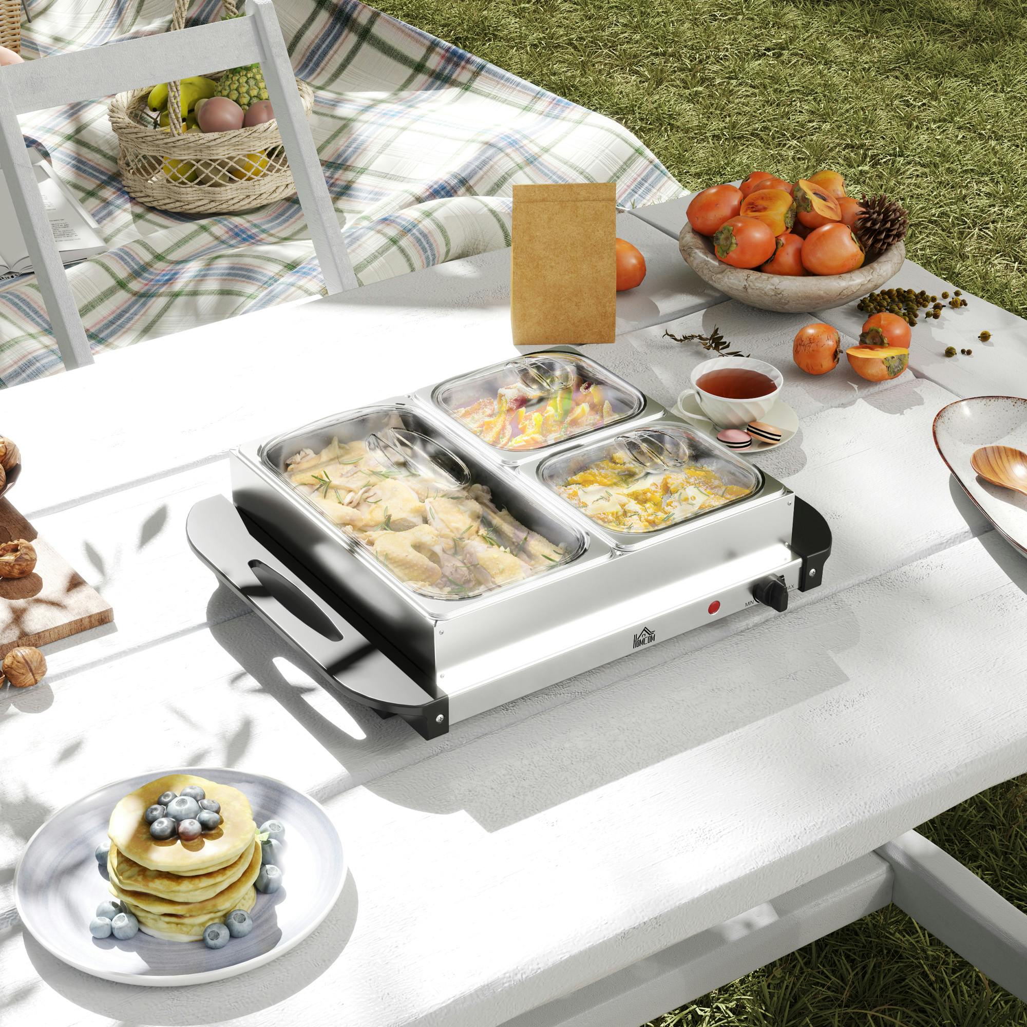 HOMCOM 6L Electric Food Warmer Buffet Server - Silver Stainless Steel - Adjustable Temperature 70-95°C - Three Trays - Image 3