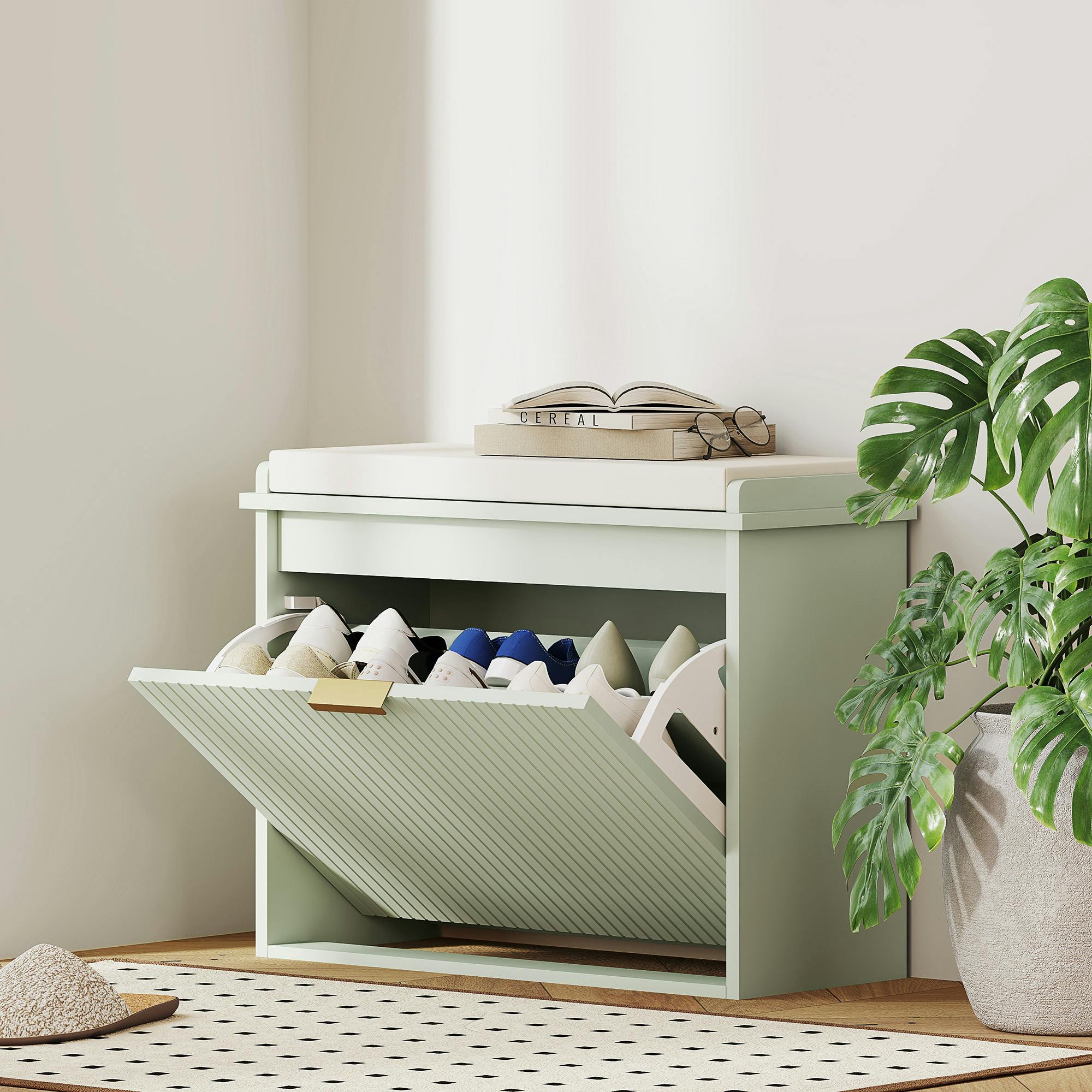 Rackhams Green Shoe Storage Bench With Cushion And Flip-Drawer 62X26x47.5cm - Mdf, Particleboard, Polyester, Sponge - 1