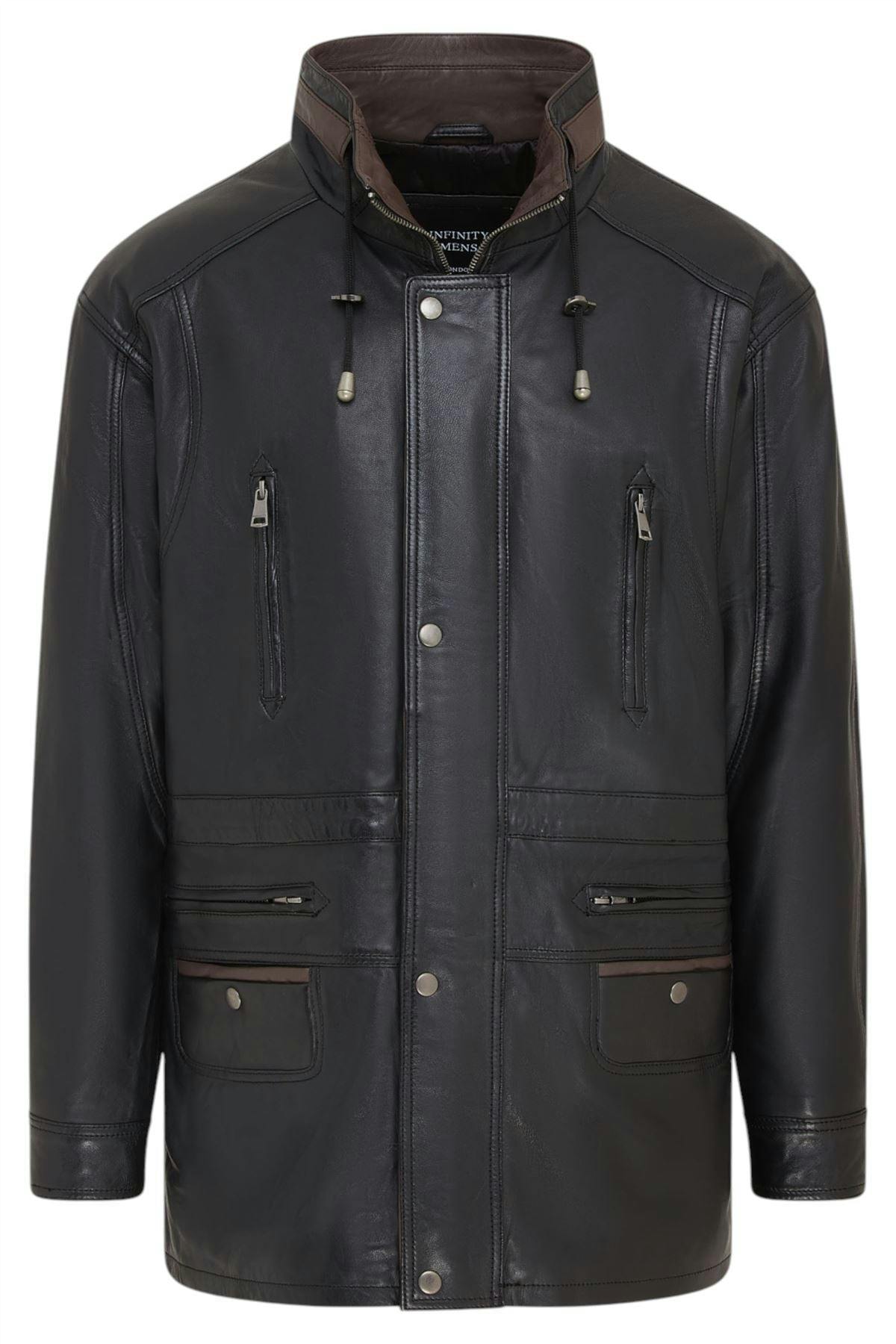 Infinity Leather Men's Black/Brown Soft Italian Leather Parka Coat-Winnipeg - Uk 2XL | Eu 54 | Us 44