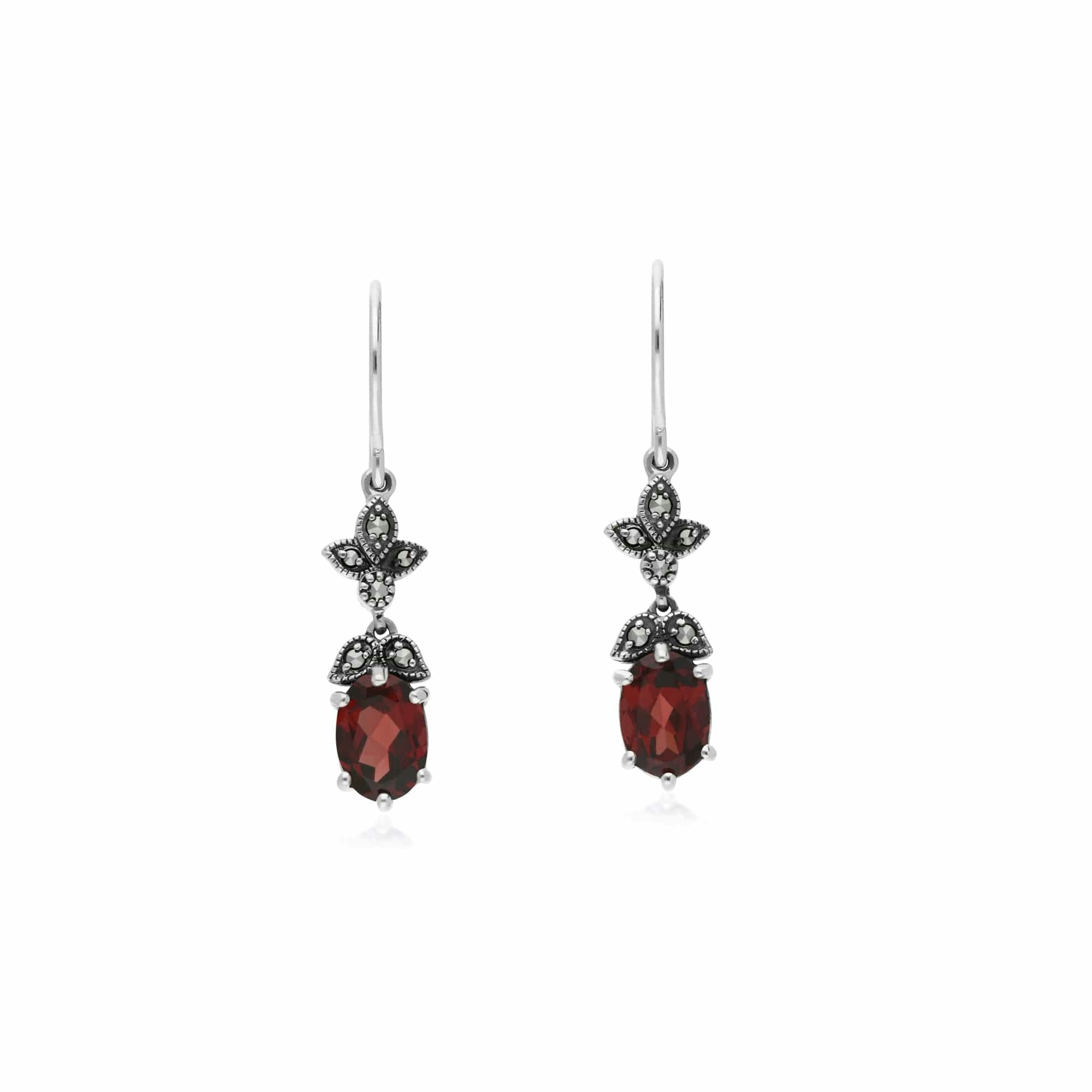 Gemondo Silver Art Nouveau Style Oval Garnet & Marcasite Drop Earrings In 925 Sterling - Sterling Garnet & Marcasite Oval Art Nouveau Drop Earrings