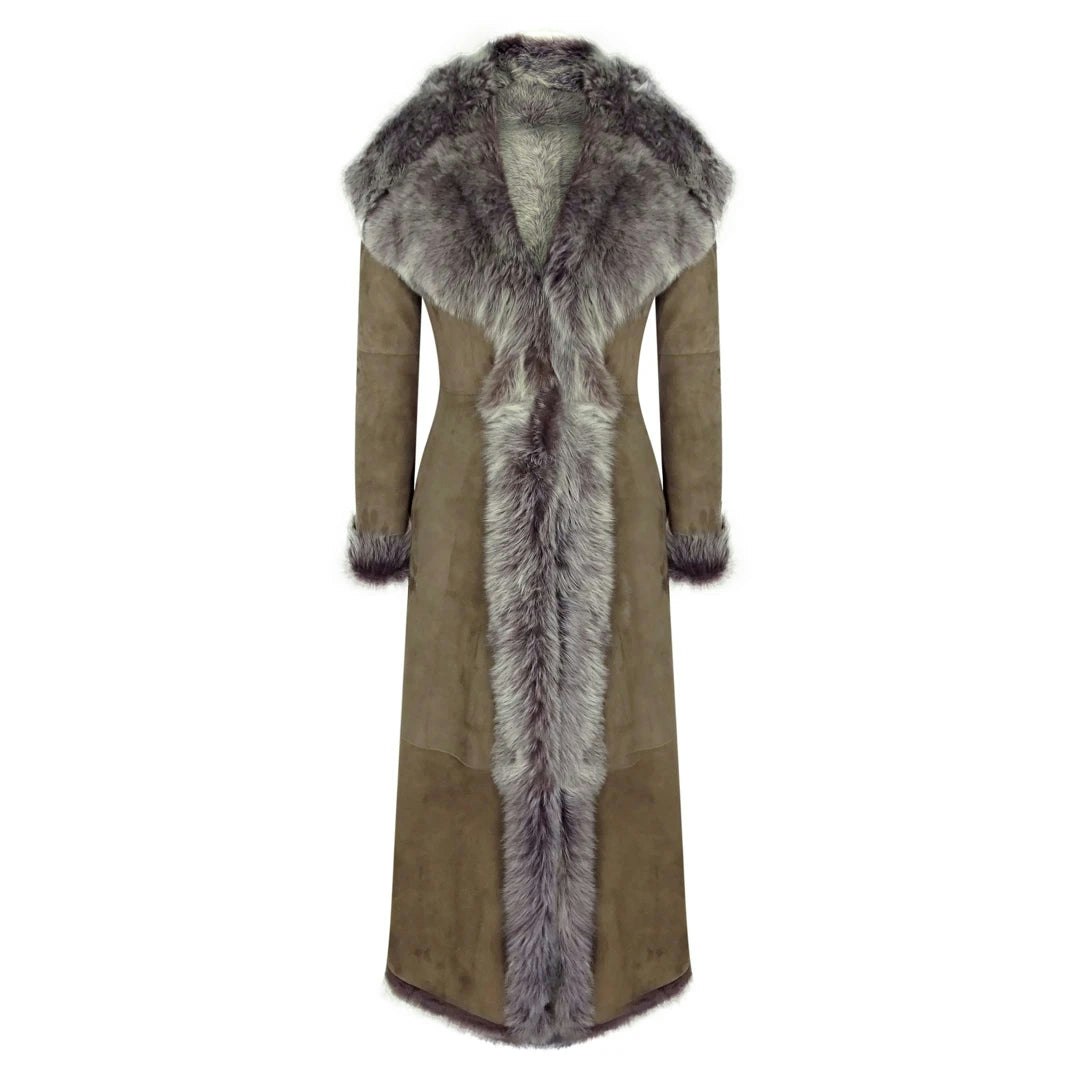 Infinity Leather Women's Leather Company Suede Toscana Full Length Hooded Taupe Sheepskin Trench Coat - Uk 20