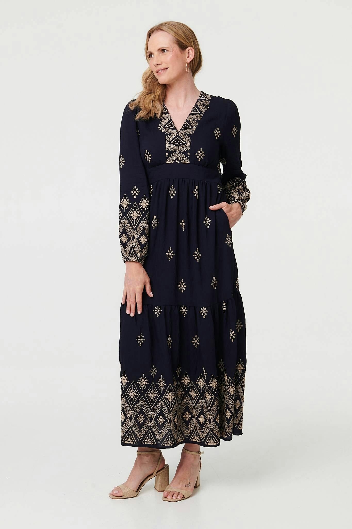 Izabel London Border Print Long Sleeve Maxi Dress - 12 - Navy