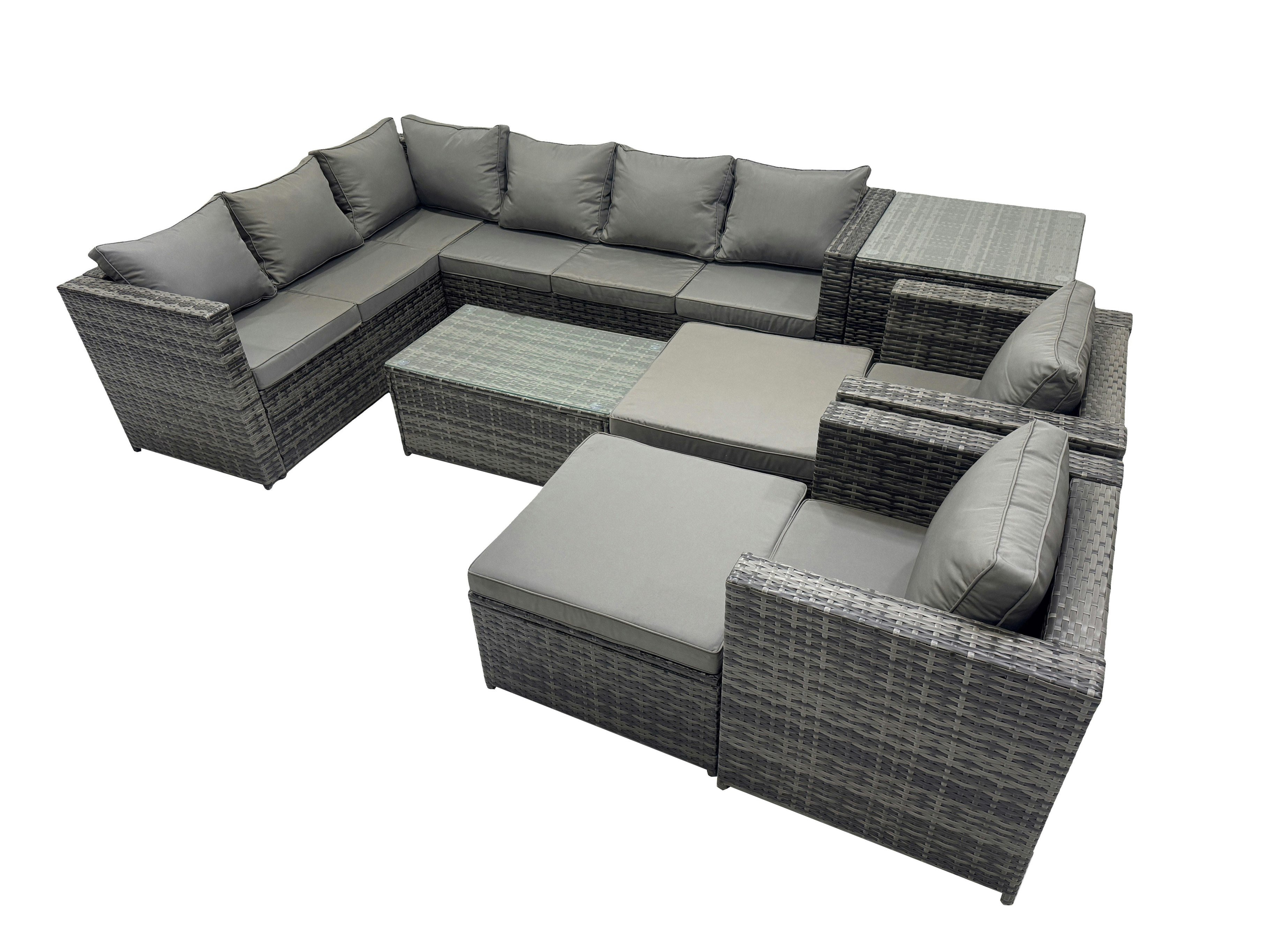 Fimous Dark/Grey Outdoor Rattan Rectangular Coffee Table Corner Sofa Sets Garden Furniture Set With 2 Chairs 2 Big Stools Side Table Mixed