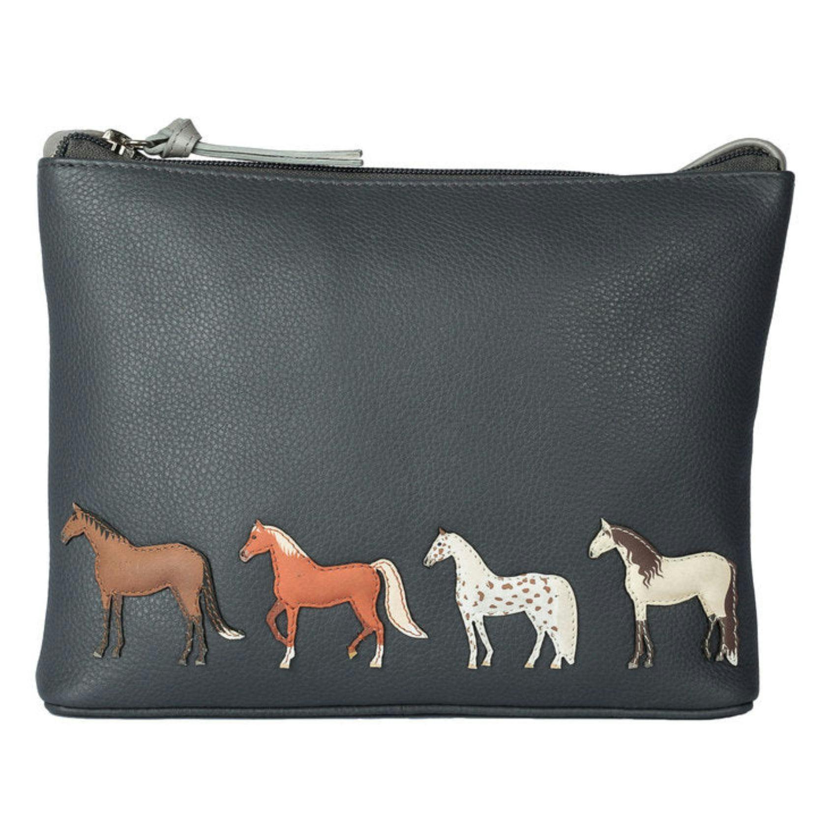 Mala Leather Grey Horses Equestrian Applique Leather Crossbody Bag