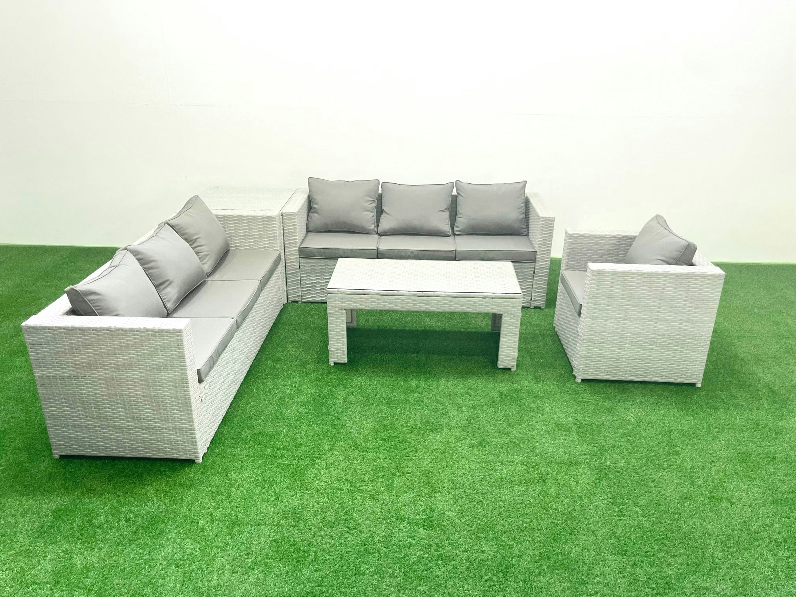 Rackhams Light/Grey Wicker Pe Rattan Sofa Garden Furniture Set With Oblong Coffee Table Armchair Side Table Mixed