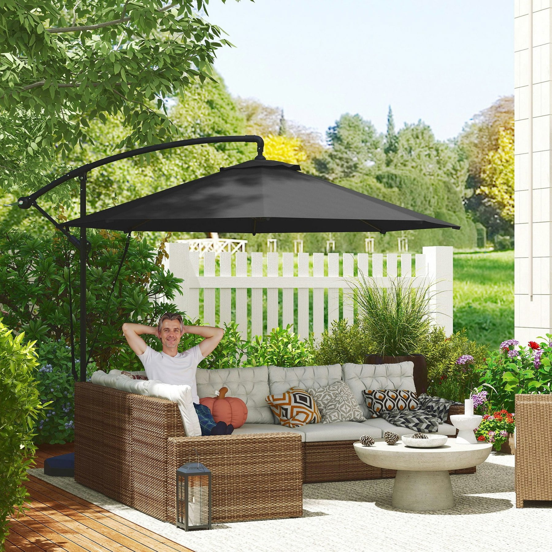 Rackhams Brown/Dark/Grey Garden Cantilever Parasol With Cover Weighted Base Wind Strap - 294Cmx294cmx251cm