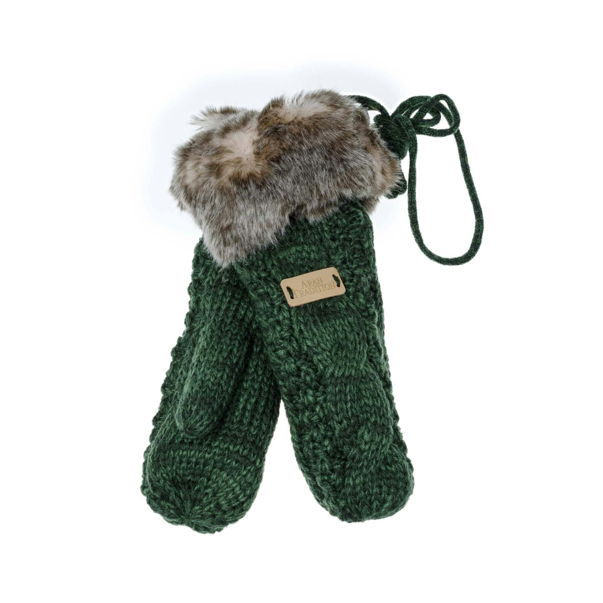 Aran Traditions Dark/Green Aran Cable Fur Trim Mittens