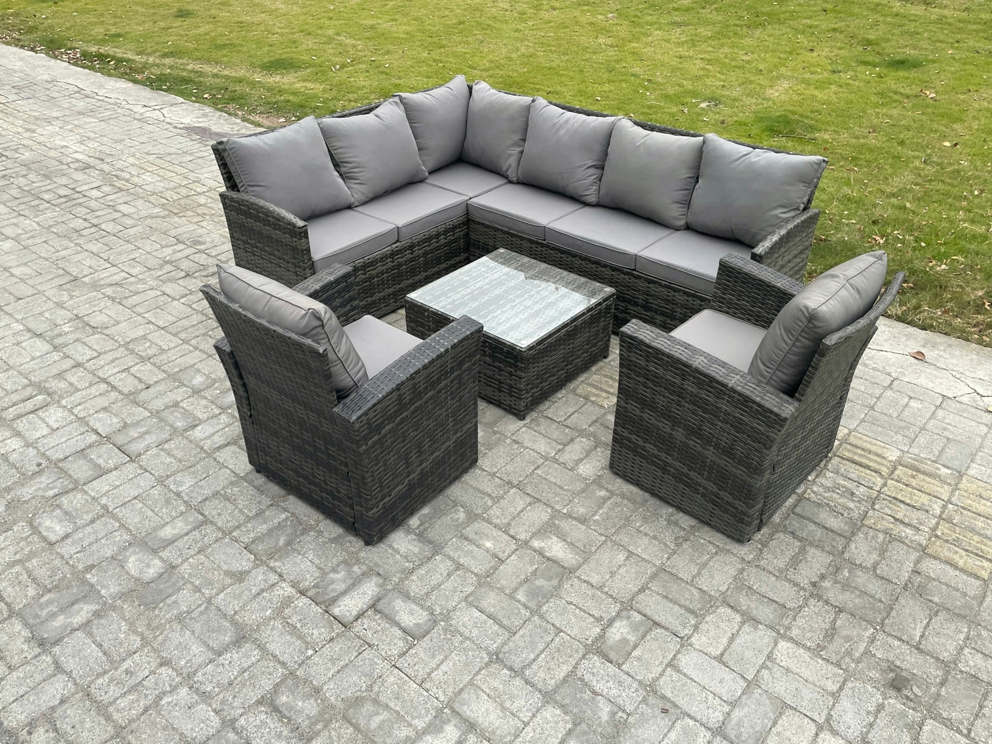 Rackhams Dark/Grey 8 Seater Outdoor Garden Furniture Set Wicker Pe Rattan Corner Sofa Set With Square Coffee Table 2 Armchairs Mixed