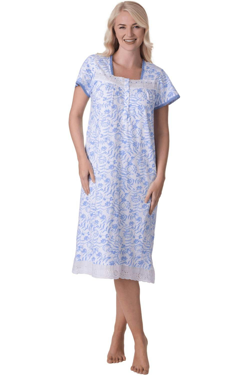Camille Women's Lightweight Jersey Cotton Short Sleeve Floral Nightdresses - Aqua - 22-24