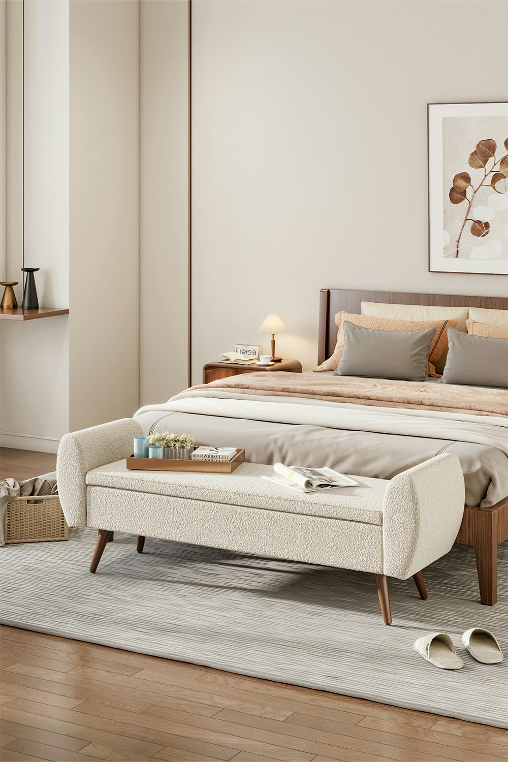 Rackhams Beige Teddy Fur 2-Seat Upholstered Storage Bench With Side Arms And Walnut Colored Legs