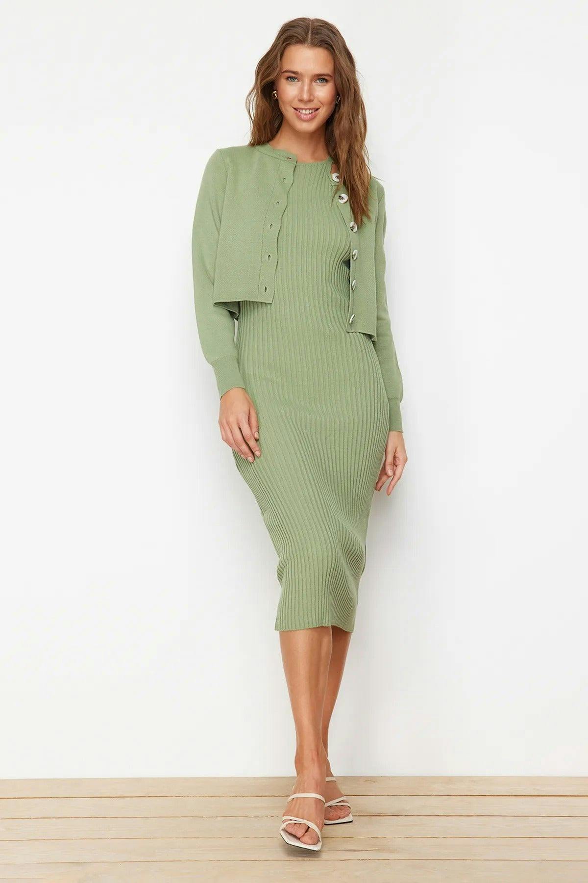 Hoxton Gal 2-Piece Midi Knit Basic Dress With Cardigan - Mint - M