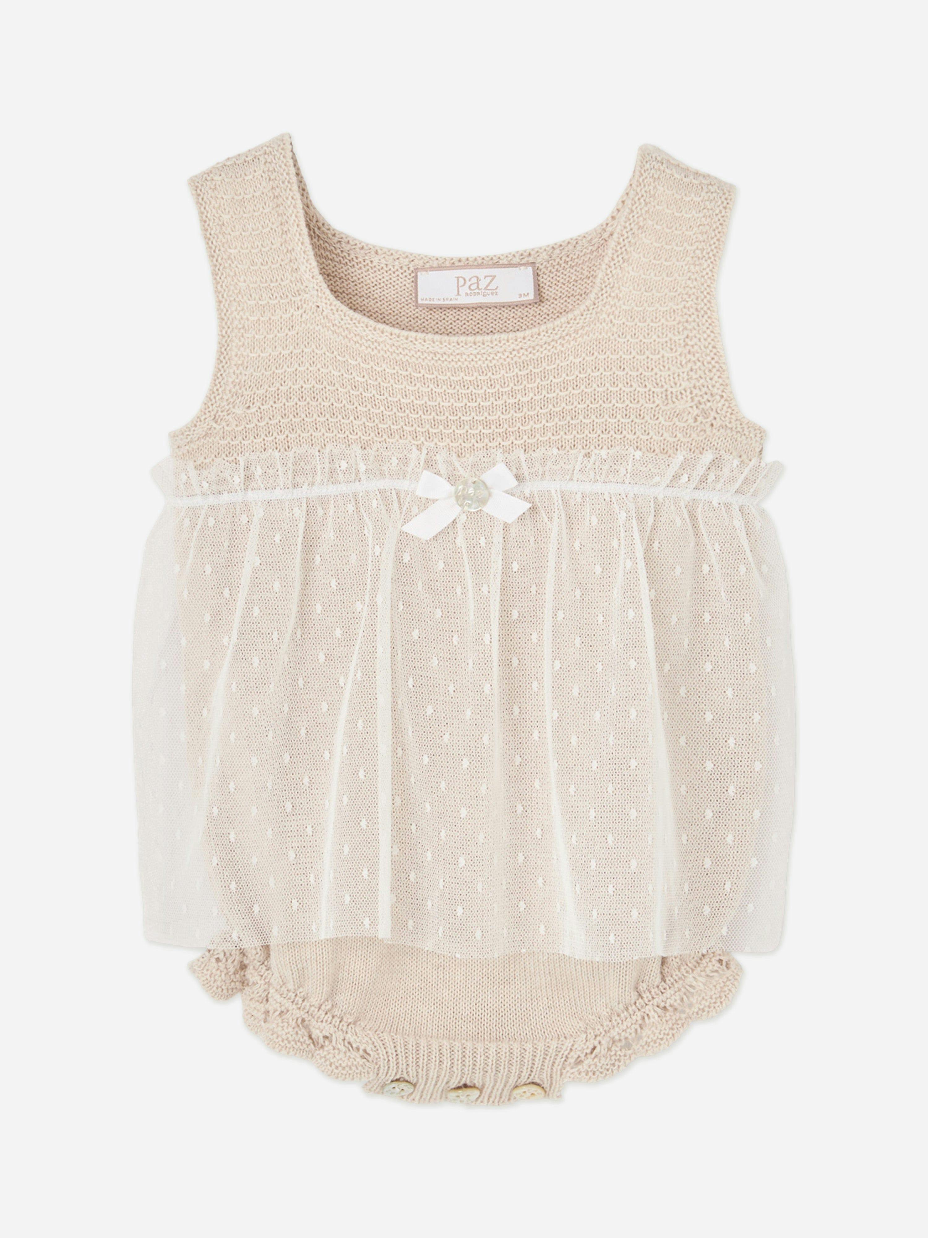 Paz Rodriguez Women's Beige Baby Girls Cotton Knit And Lace Romper In - 6 Mths