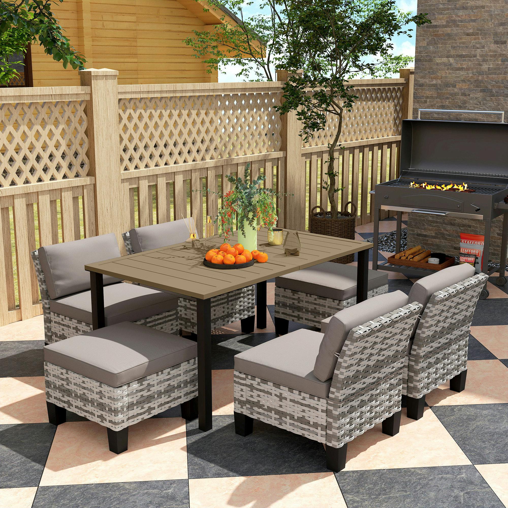 Outsunny Grey 7 Pcs Rattan Garden Dining Set With Cushions, Umbrella Hole,