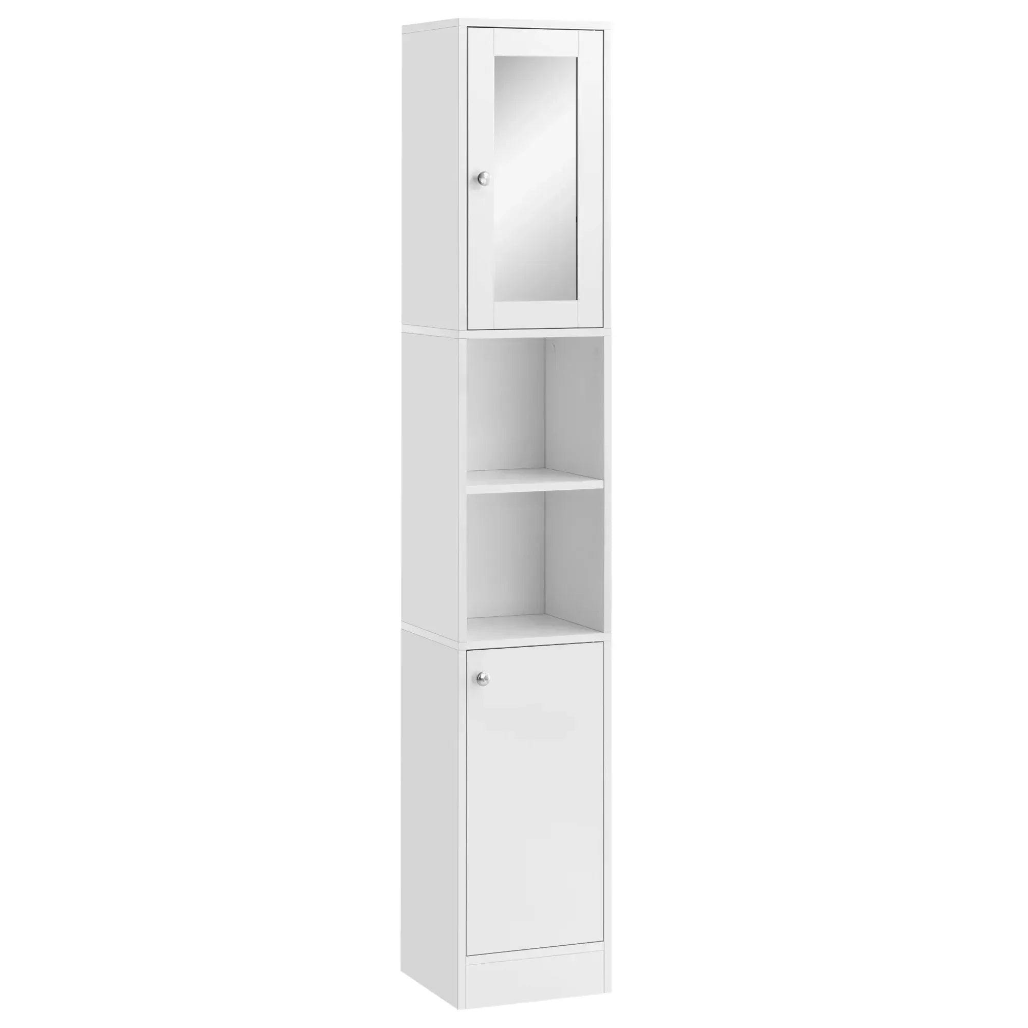 Bobobiy White Tall Bathroom Storage Cabinet With Mirror, Freestanding Floor Cabinet Tallboy Unit With Adjustable Shelves,