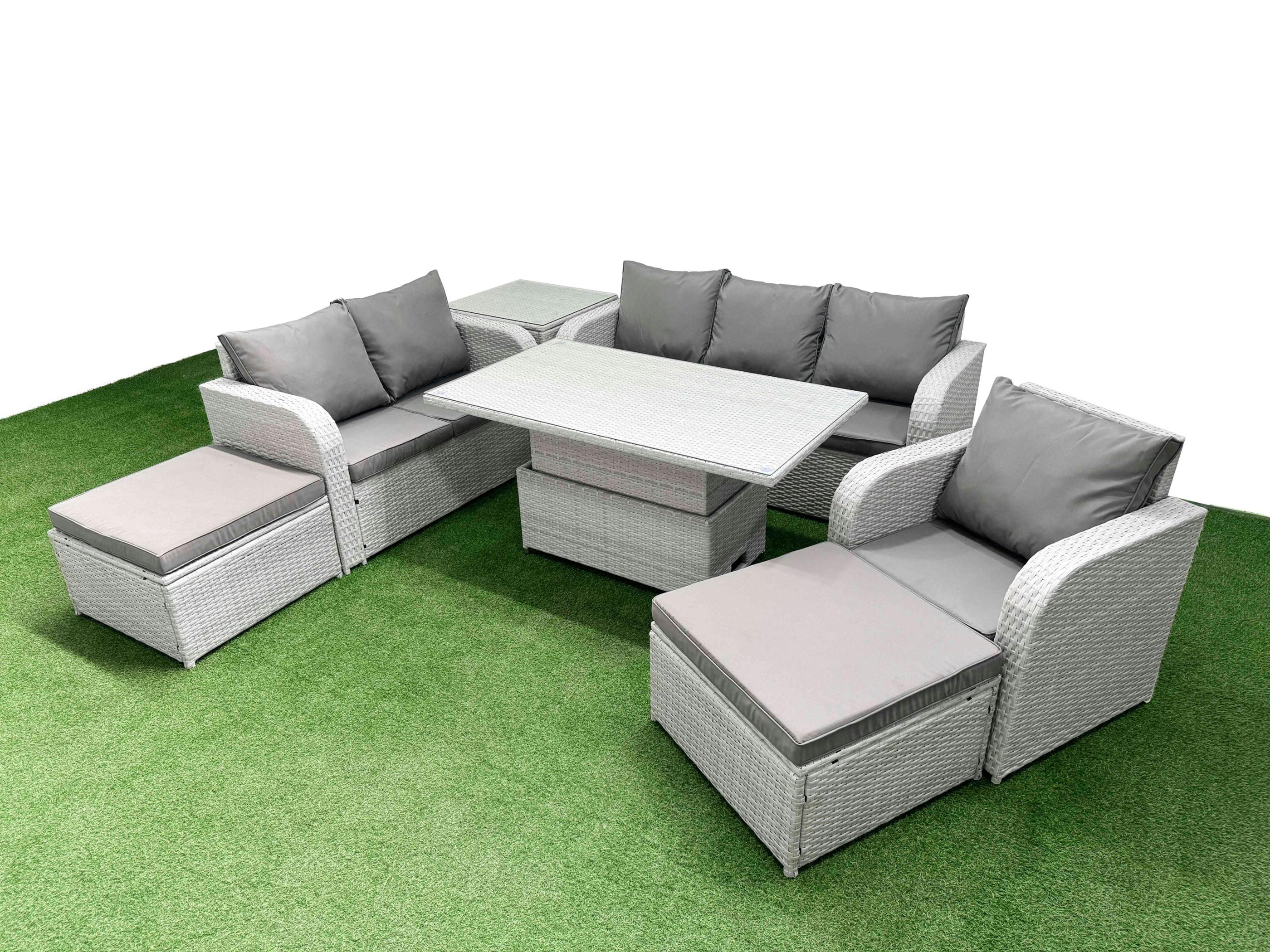 Rackhams Light/Grey 8 Seater Patio Rattan Set, Adj Height Table, Reclining Chair, Loveseat, 3 Seater Sofa, 2 Big Footstools And Side Table,