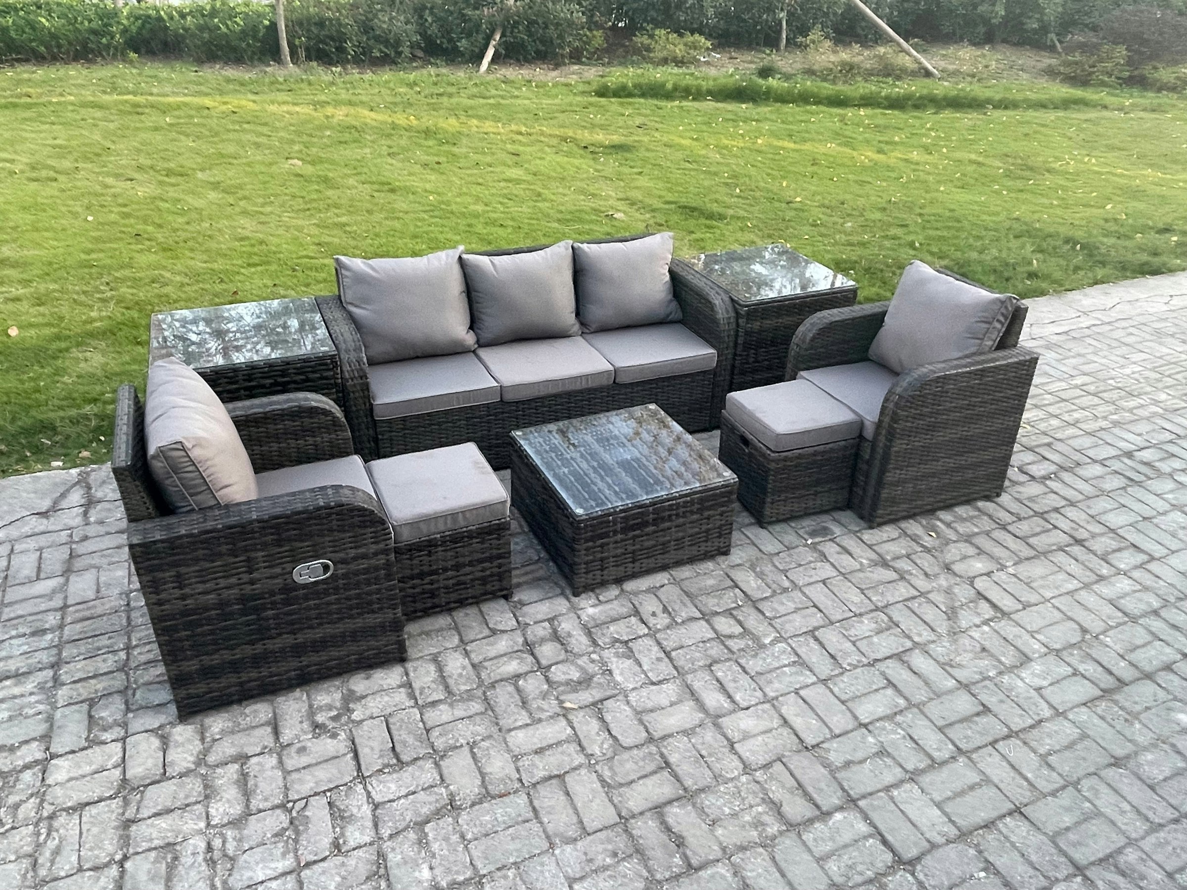 Rackhams Dark/Grey Patio Garden Furniture Sets Wicker 7 Seater Outdoor Rattan Furniture Sofa Sets With Square Coffee Table 2 Side Tables 2 Small Footstools