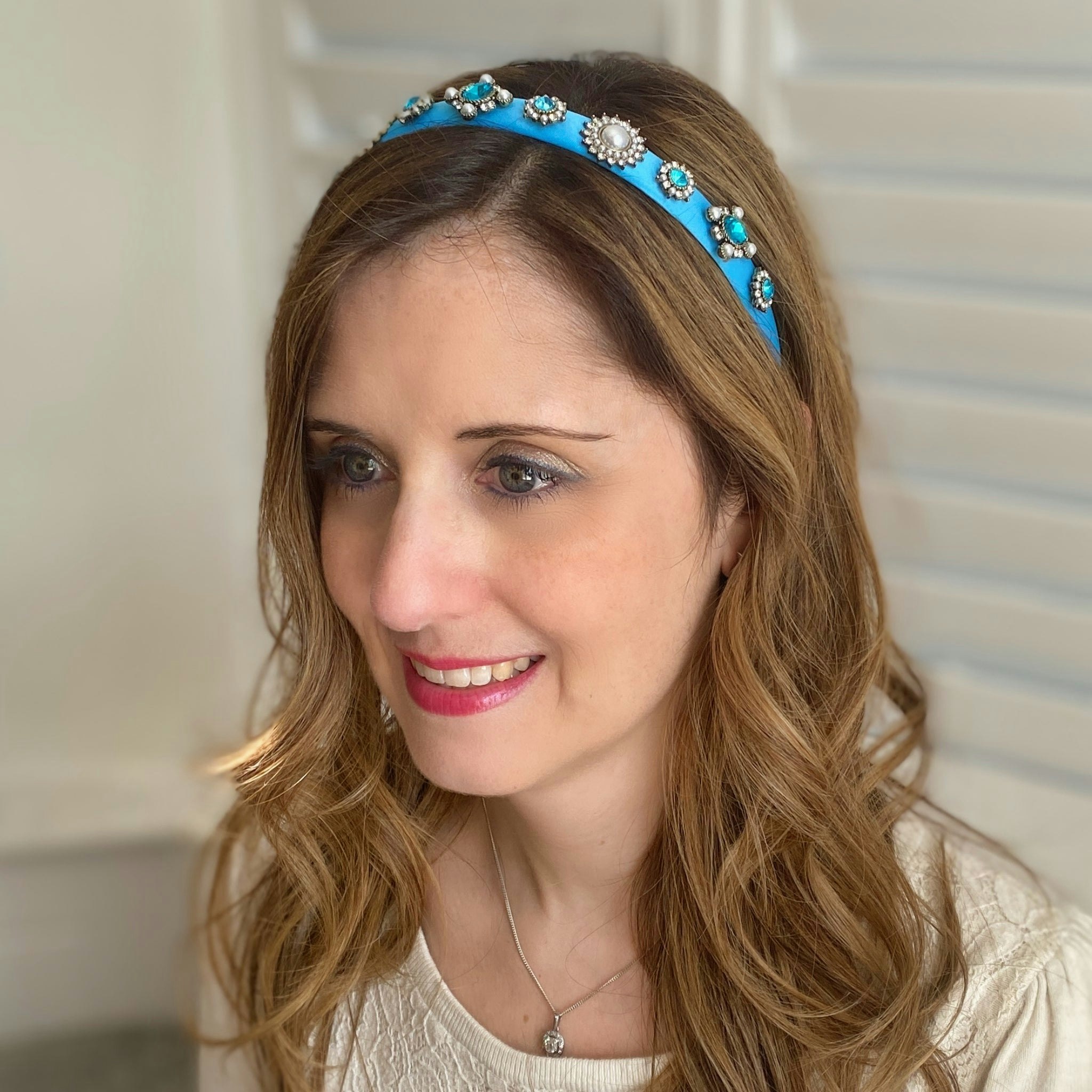 Queenmee Accessories Blue Headband Slim With Pearls