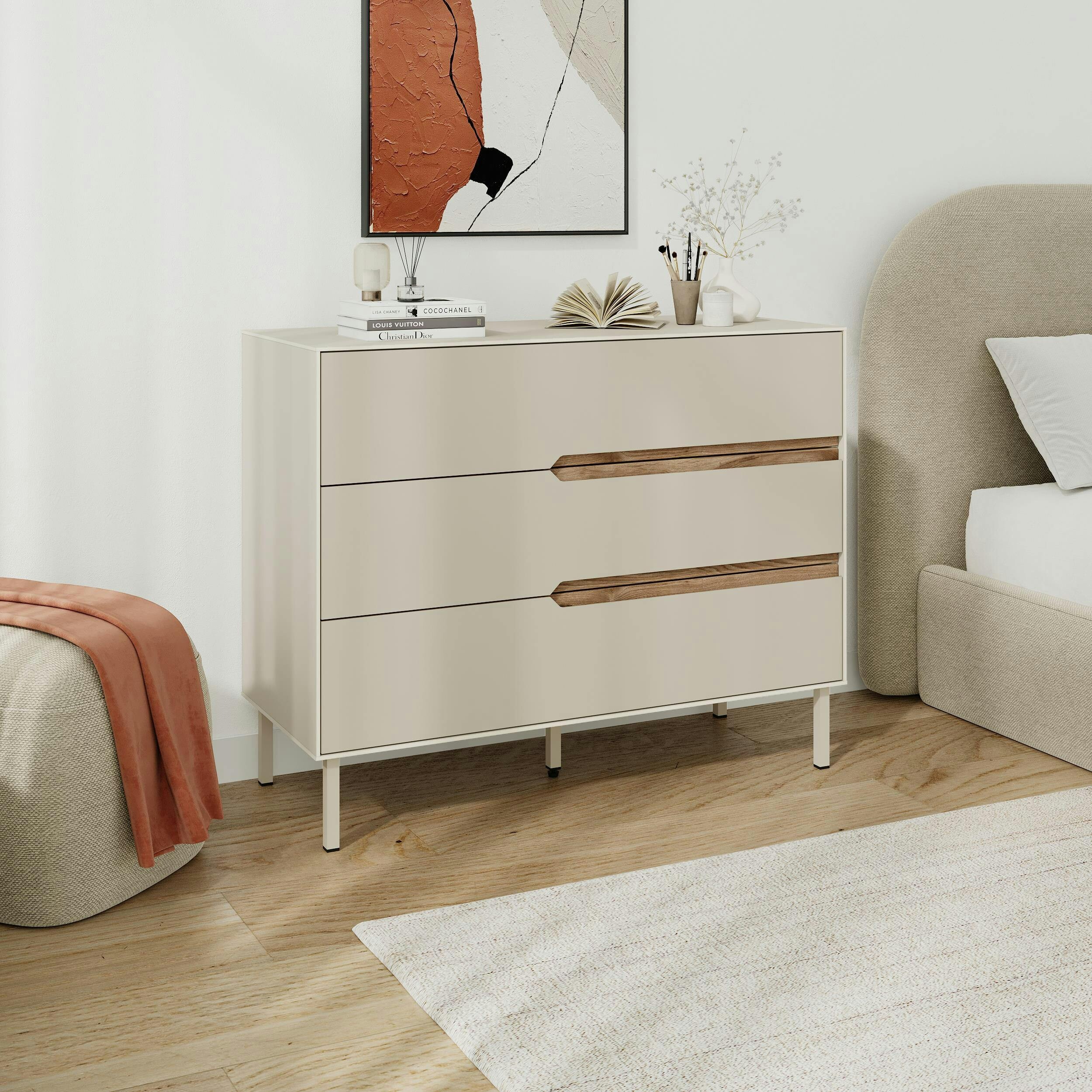 Decortie Light Arch 3 Drawer Chest Of Drawers Sandstone Whiskey Oak 98 X 40 X 78.5 Cm (Sandstone And Whiskey Oak) - Sandstone, Whiskey Oak